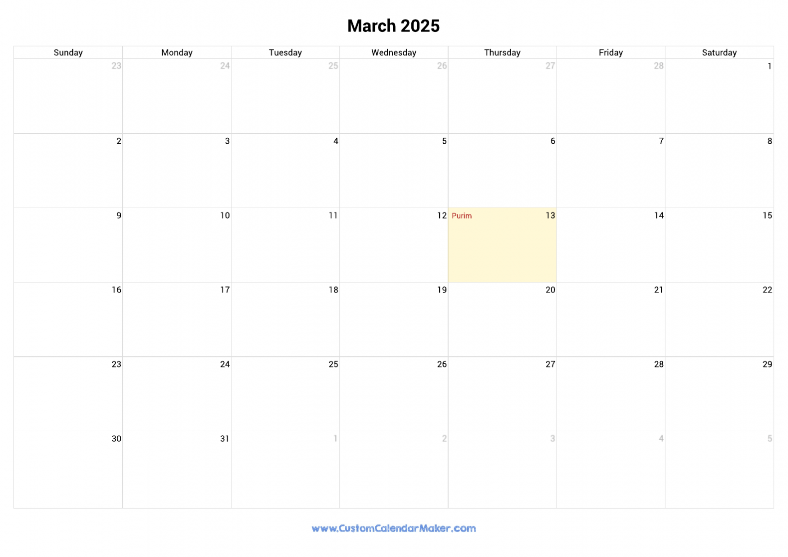 March jewish calendar with hebrew holidays