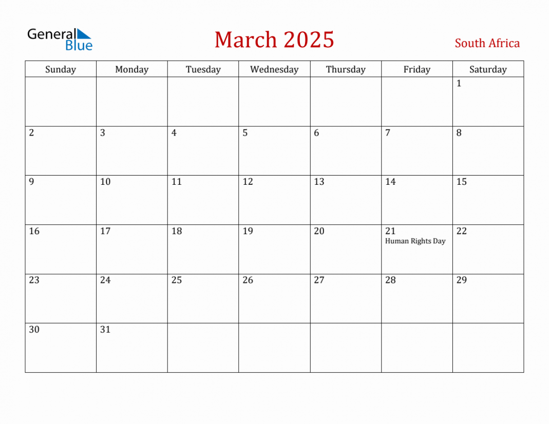 March south africa monthly calendar with holidays