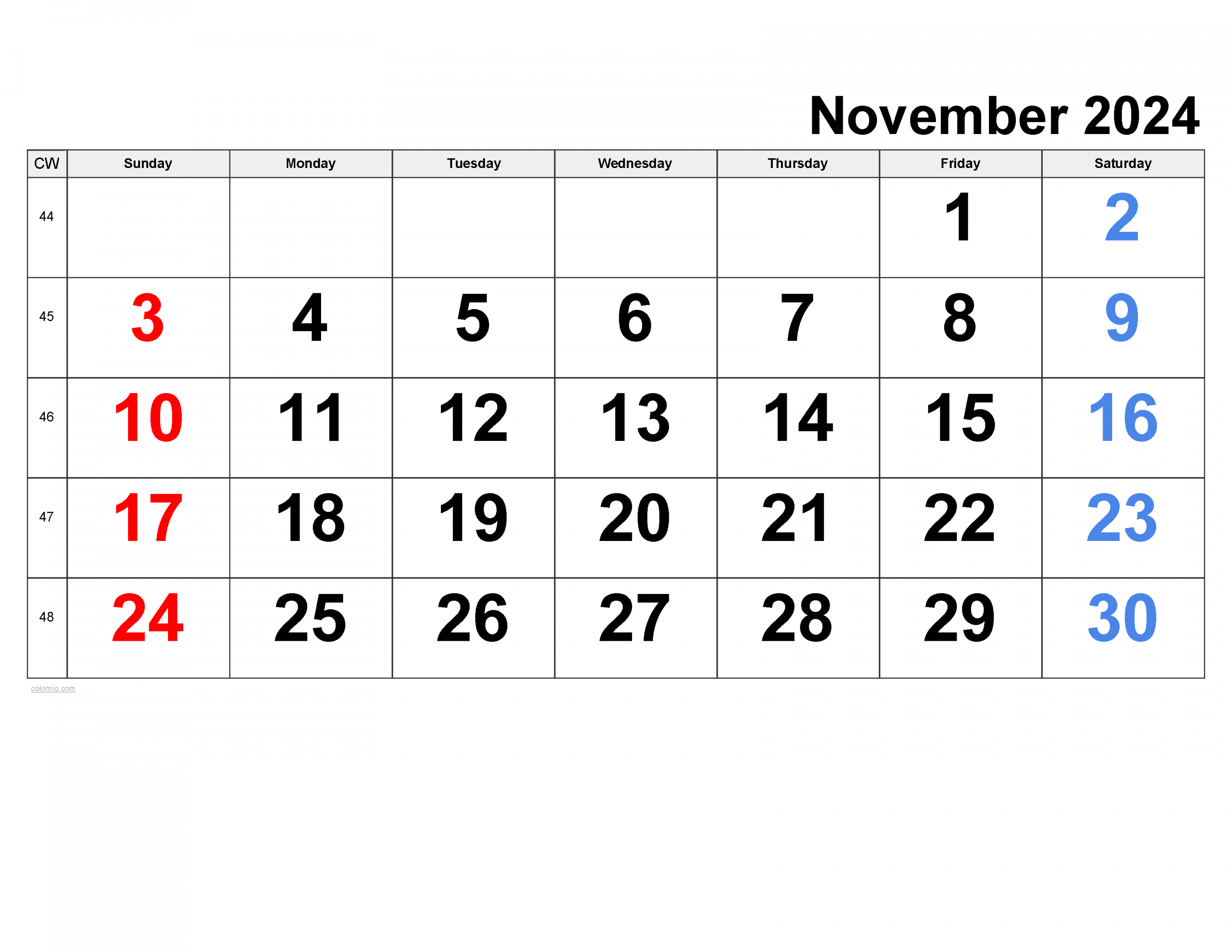 November  Calendar  Free Printable PDF, XLS and PNG