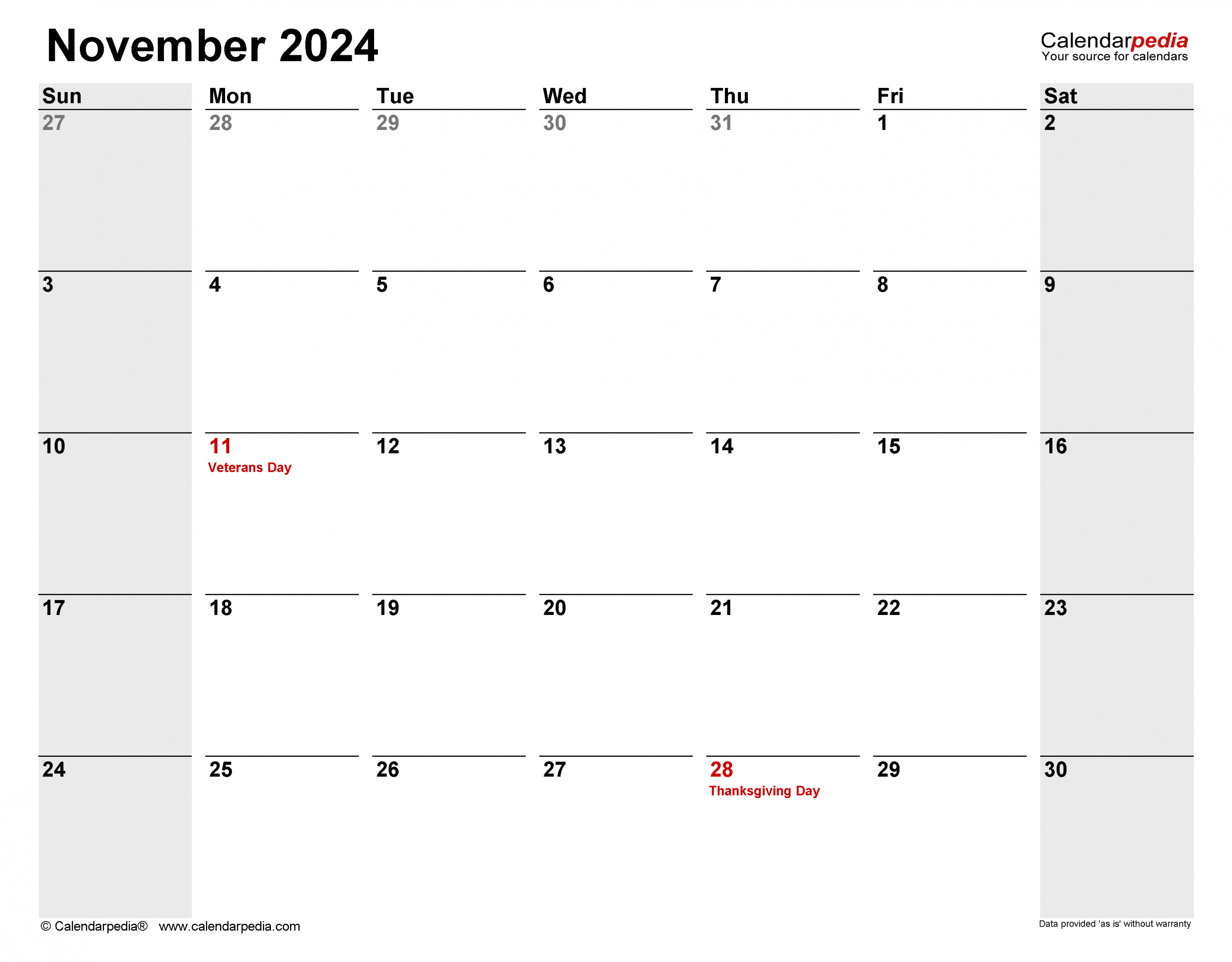 November  Calendar  Templates for Word, Excel and PDF