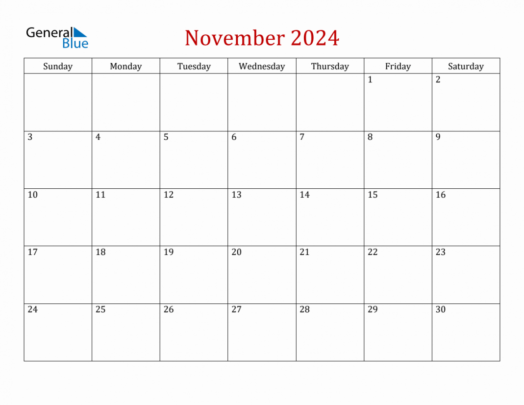 November simple calendar with sunday start