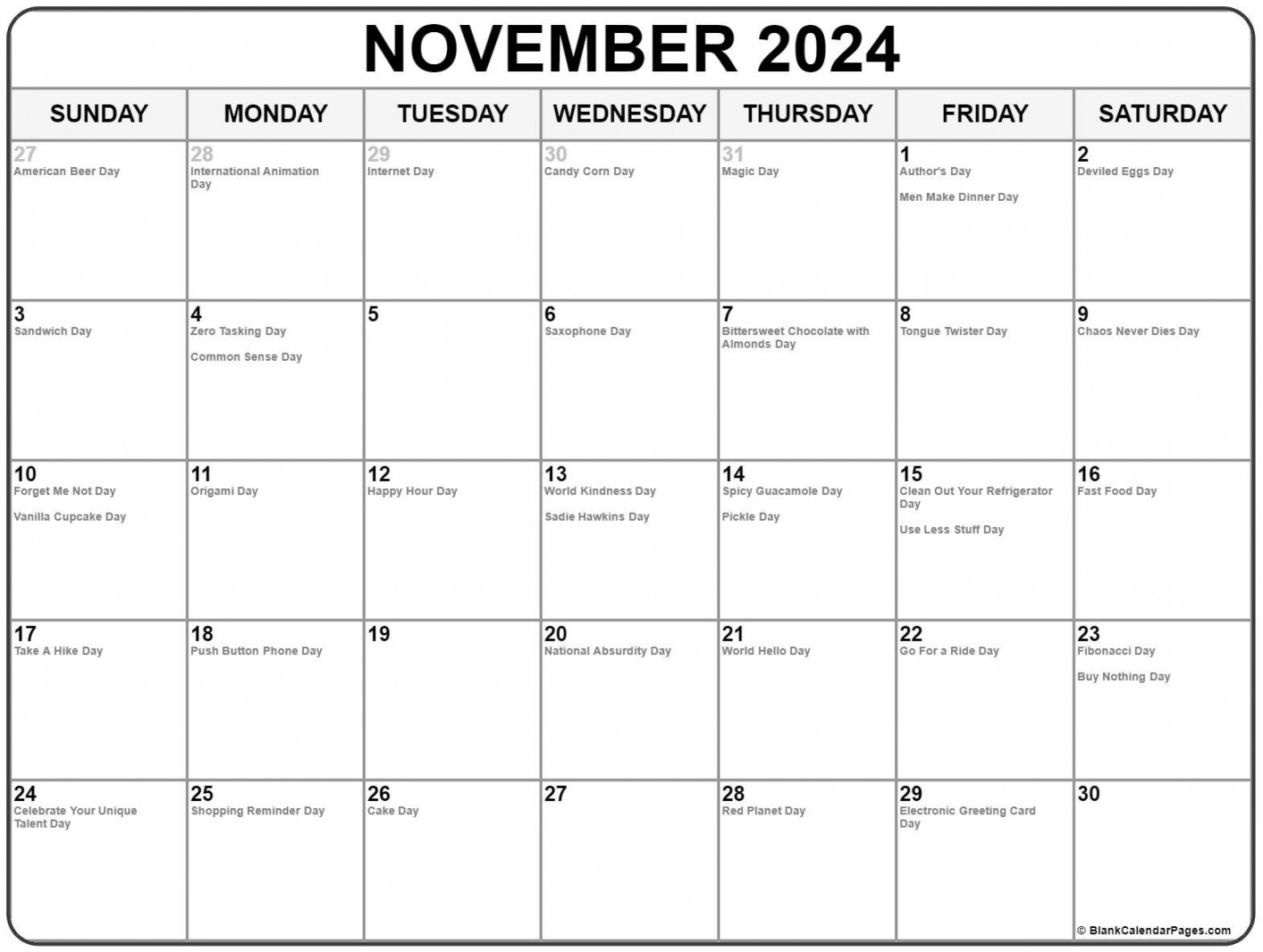 November  with holidays calendar