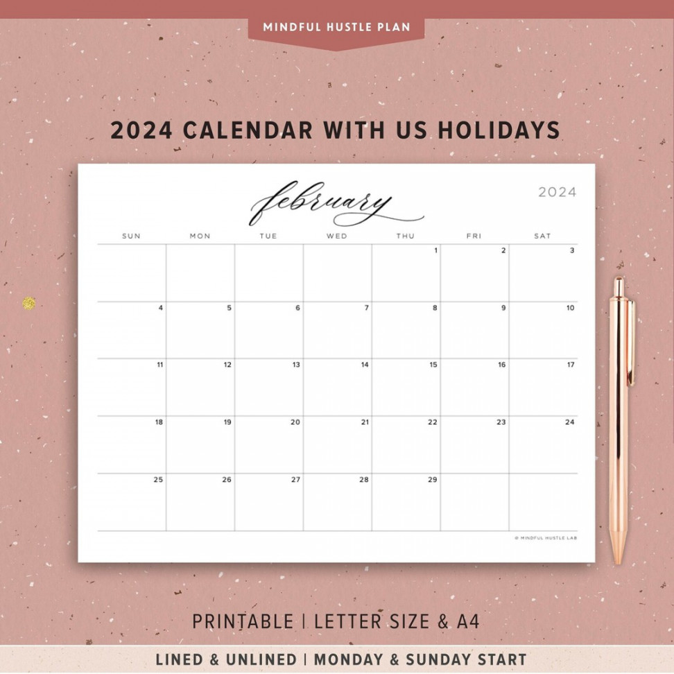 Printable  Calendar With Holidays PDF, Calligraphy, Minimalist, Letter  Size, Landscape, With Lines, Sunday Monday Lettering, by Month - Etsy