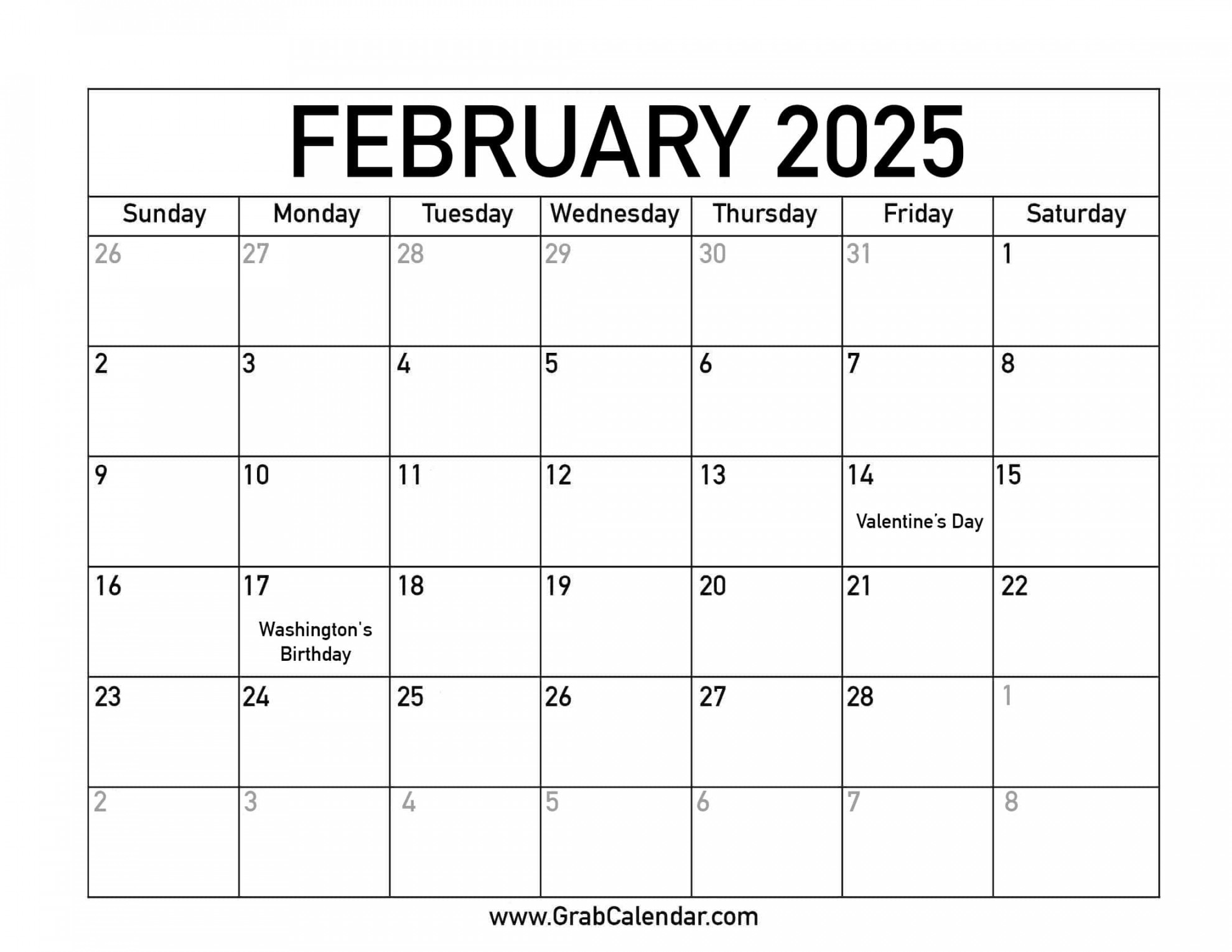 Printable february calendar