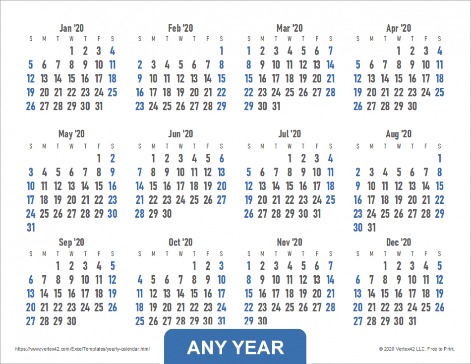 Yearly calendar template for and beyond