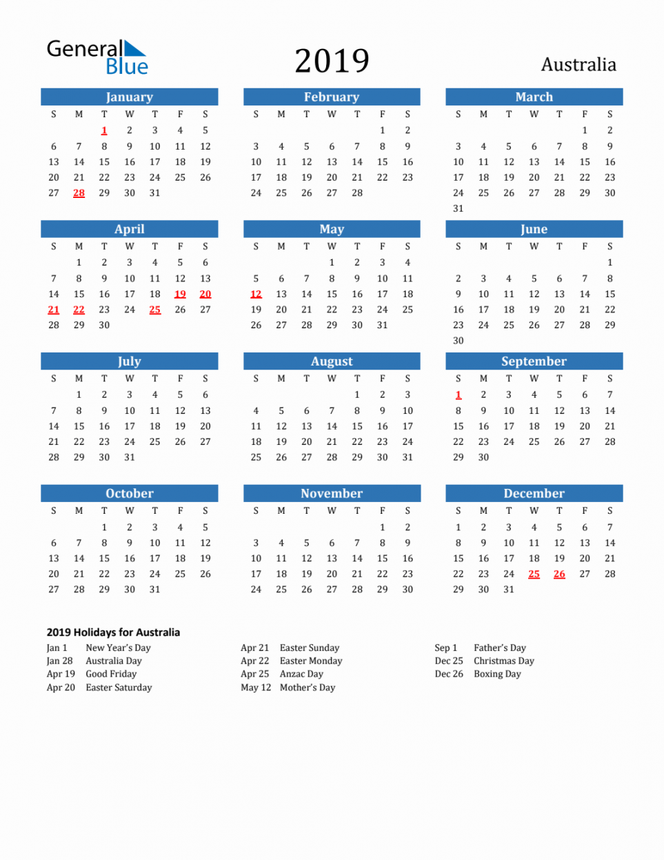 Australia Calendar with Holidays