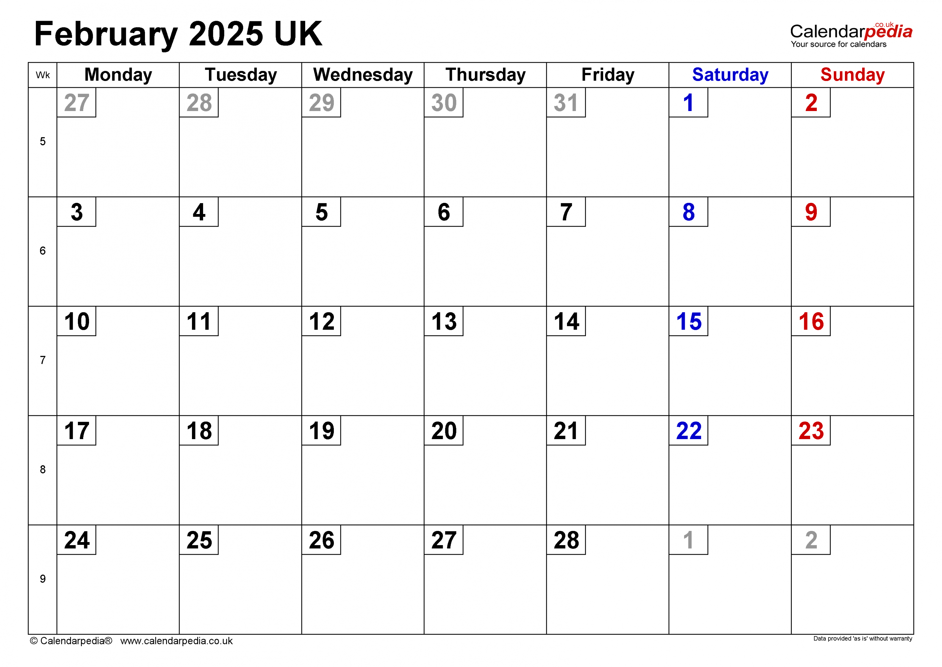 Calendar february uk with excel, word and pdf templates