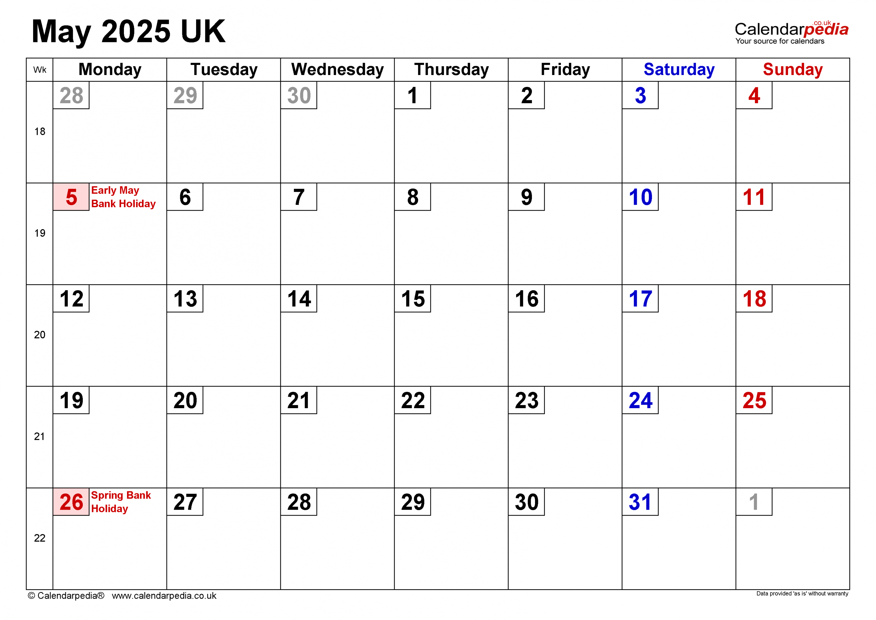 Calendar may uk with excel, word and pdf templates