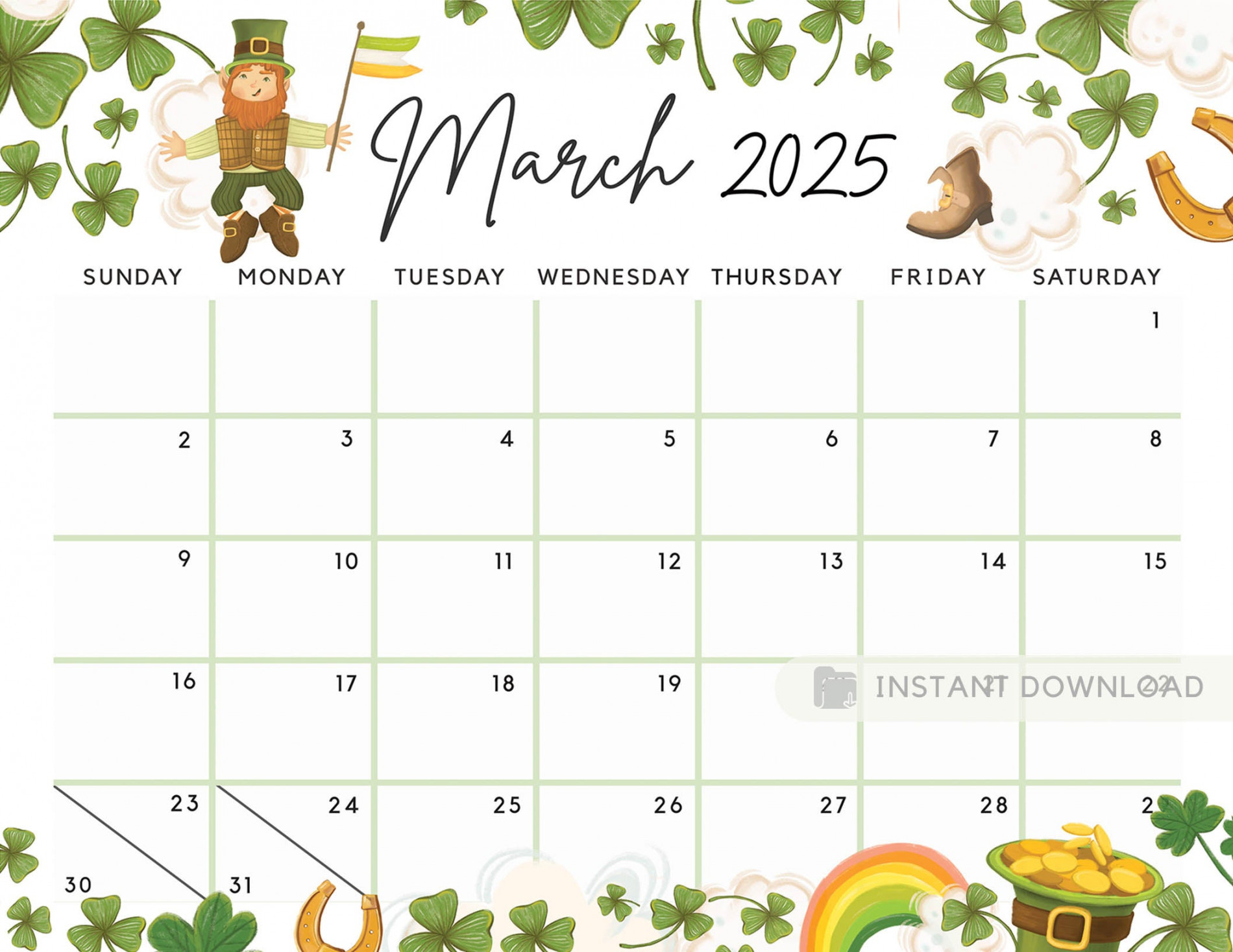 Editable march calendar for the lucky month clovers cute printable calendar, green fillable editable planner instant download