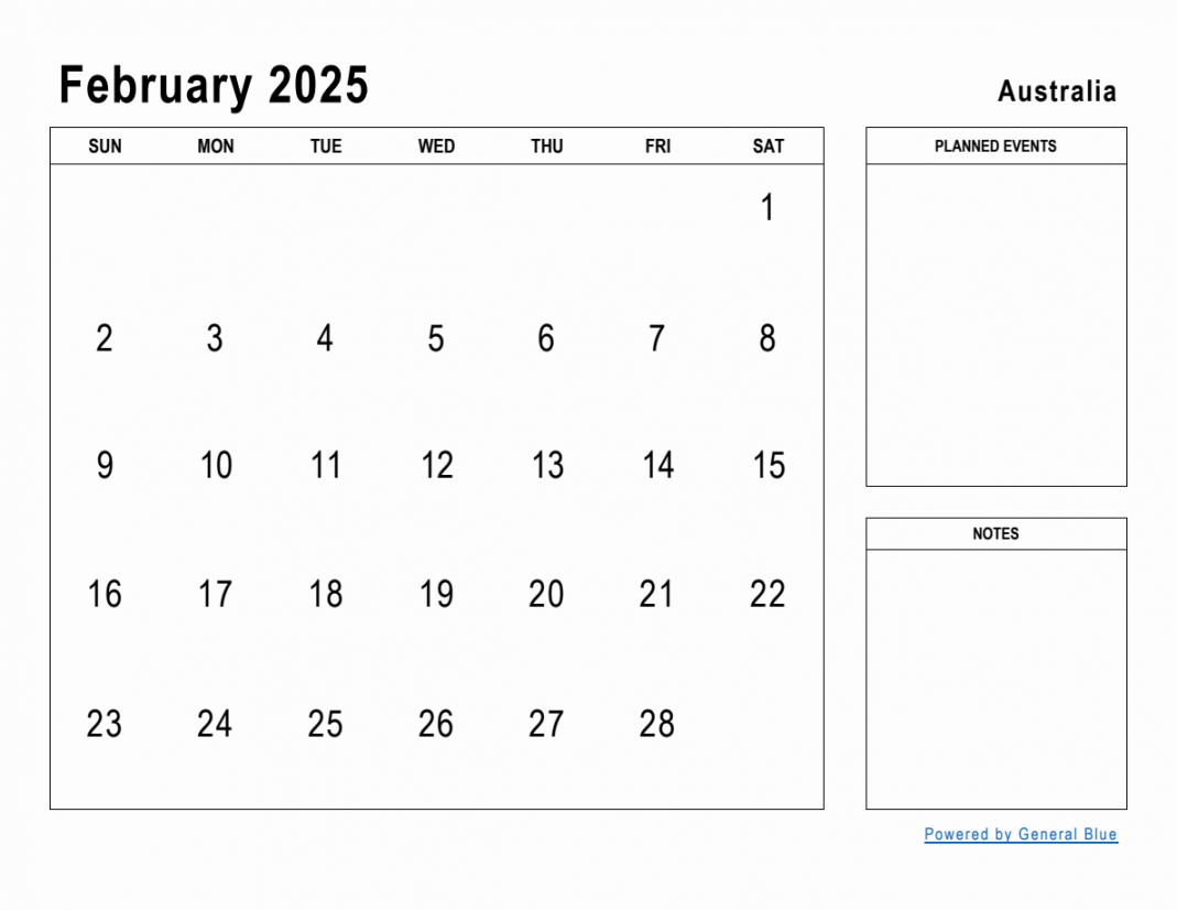 February planner with australia holidays