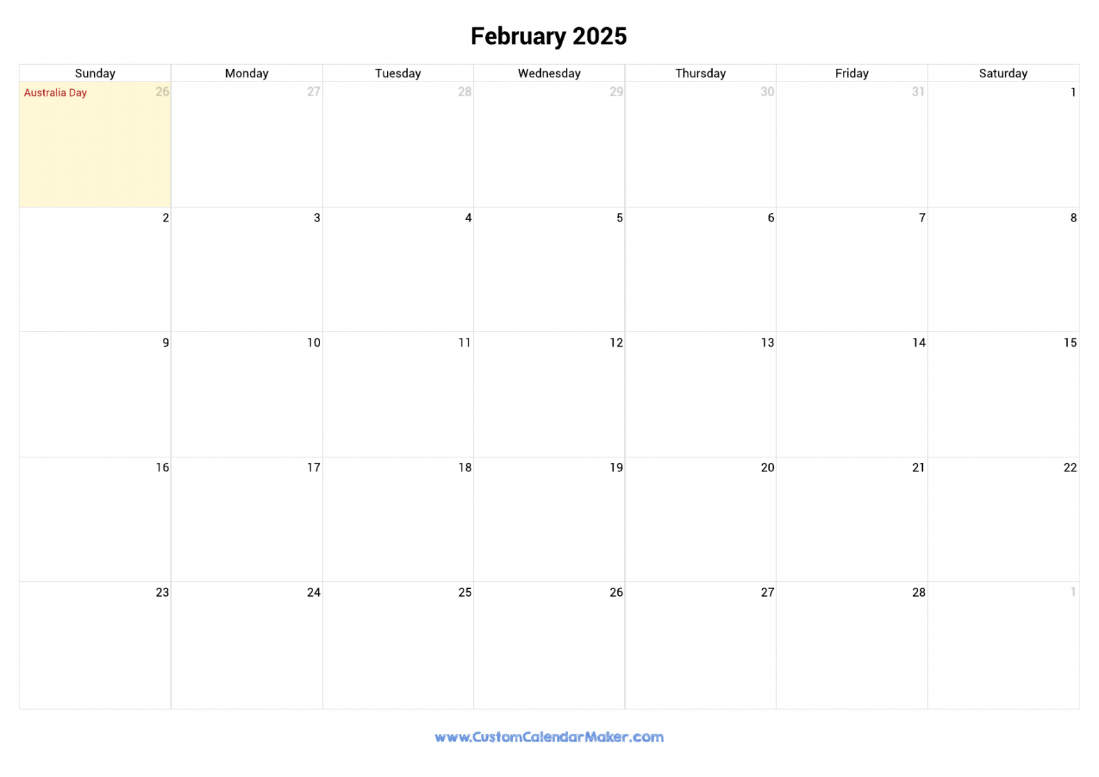 February printable calendar with australia holidays