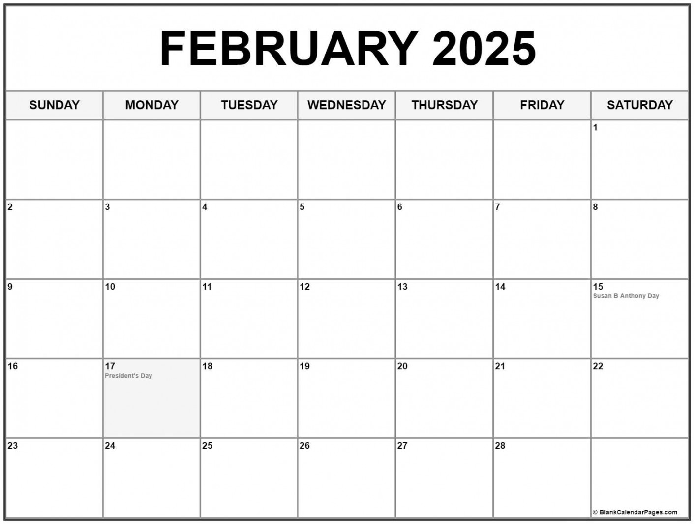 February with holidays calendar