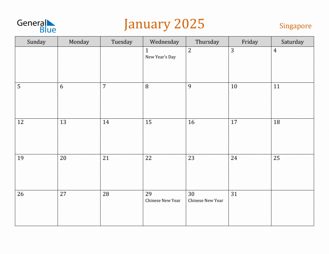 Free January  Singapore Calendar