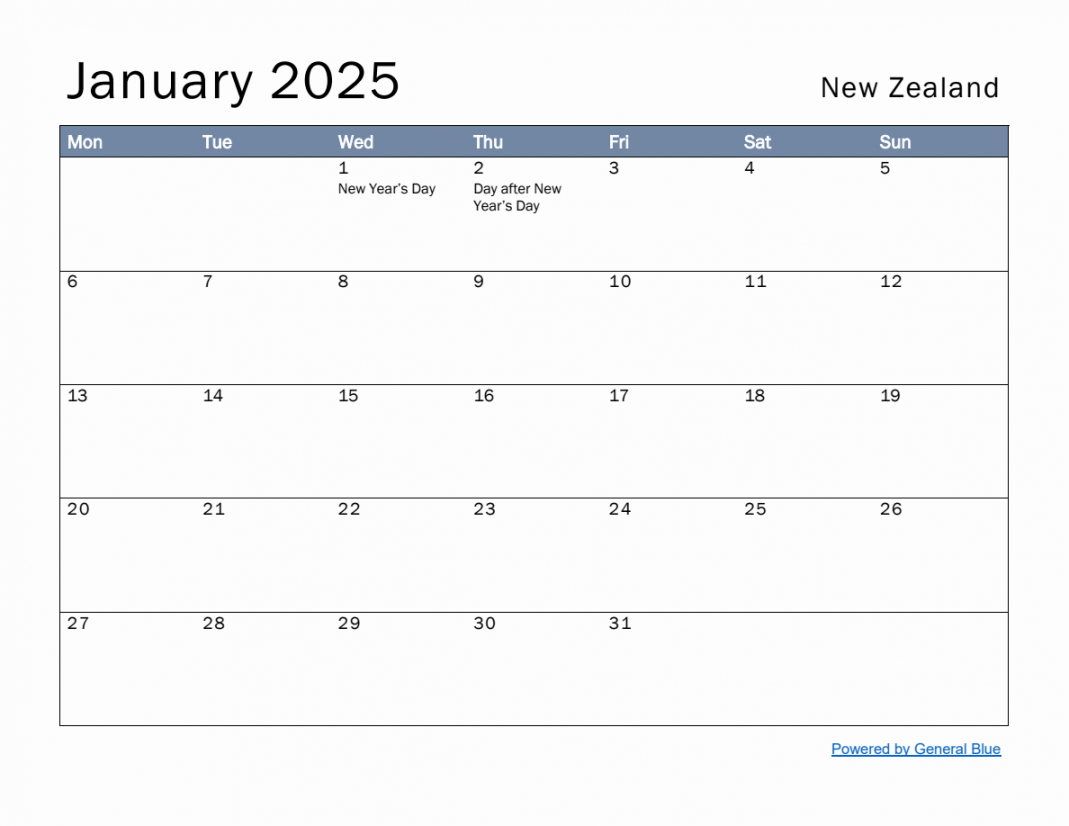 Free monthly calendar template for january with new zealand