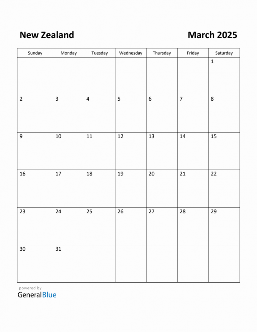 Free printable march calendar for new zealand