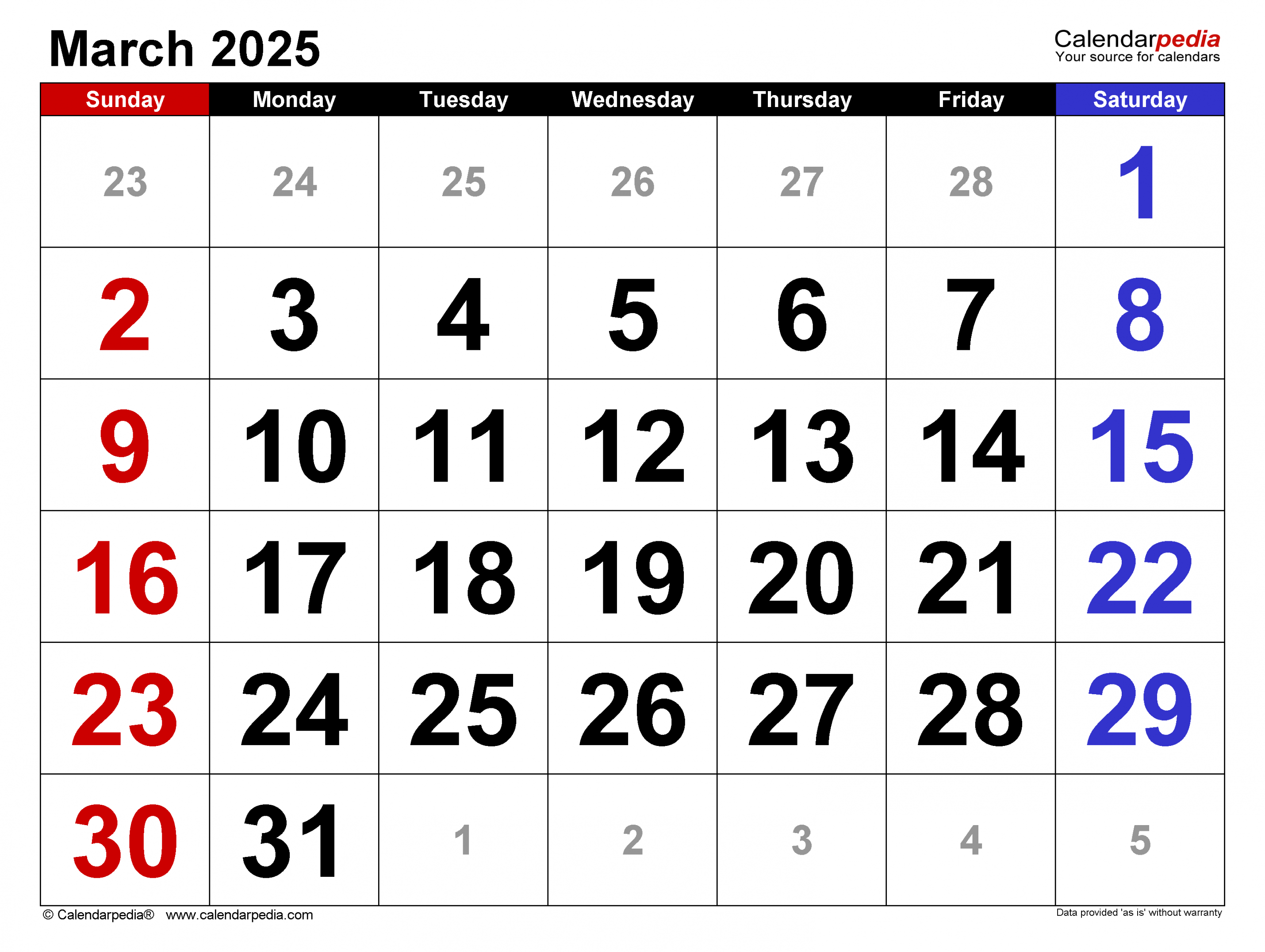 March  Calendar  Templates for Word, Excel and PDF