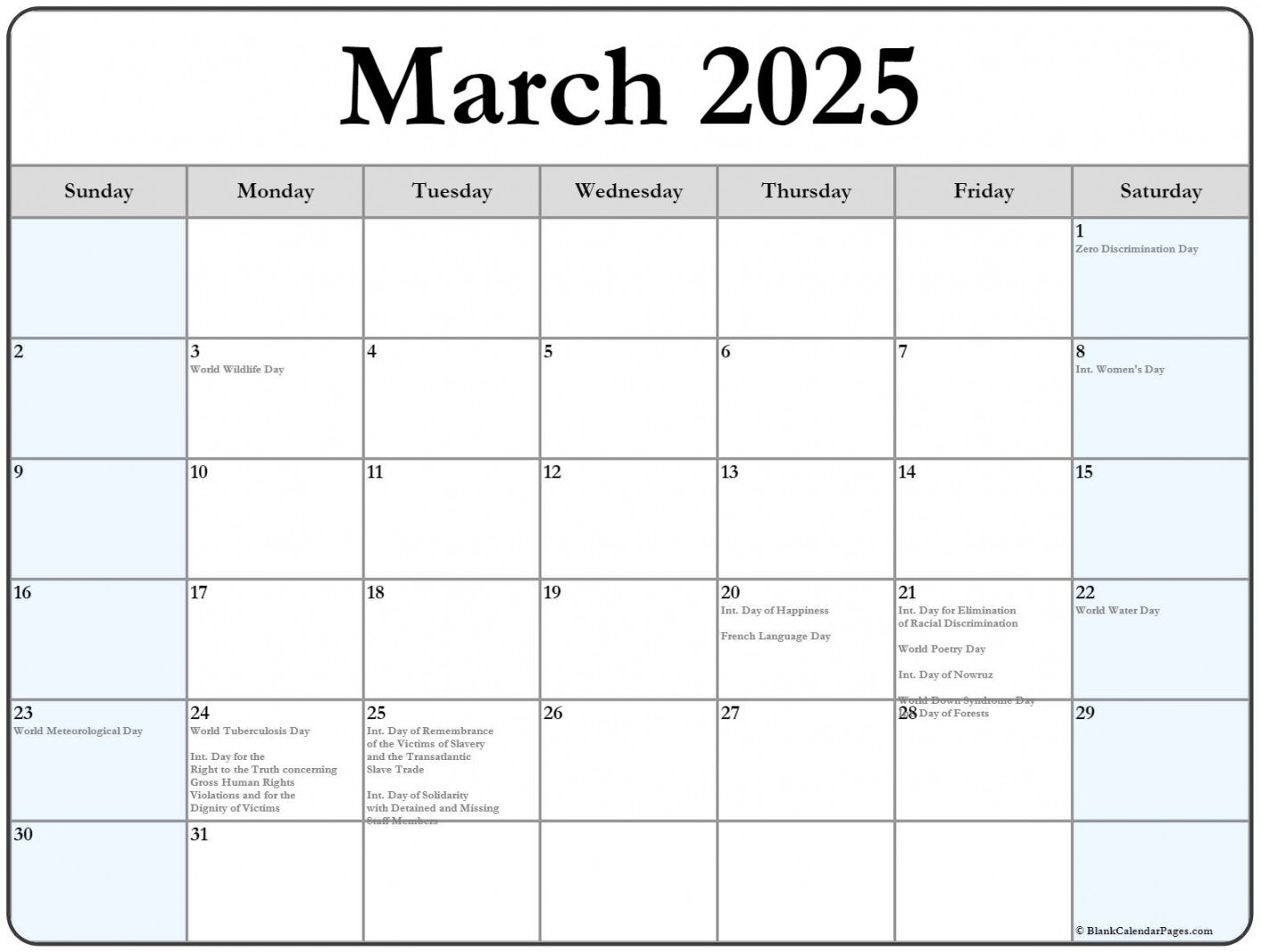 March with holidays calendar