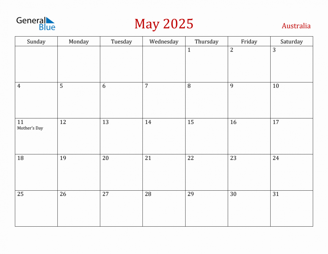 May  Australia Monthly Calendar with Holidays