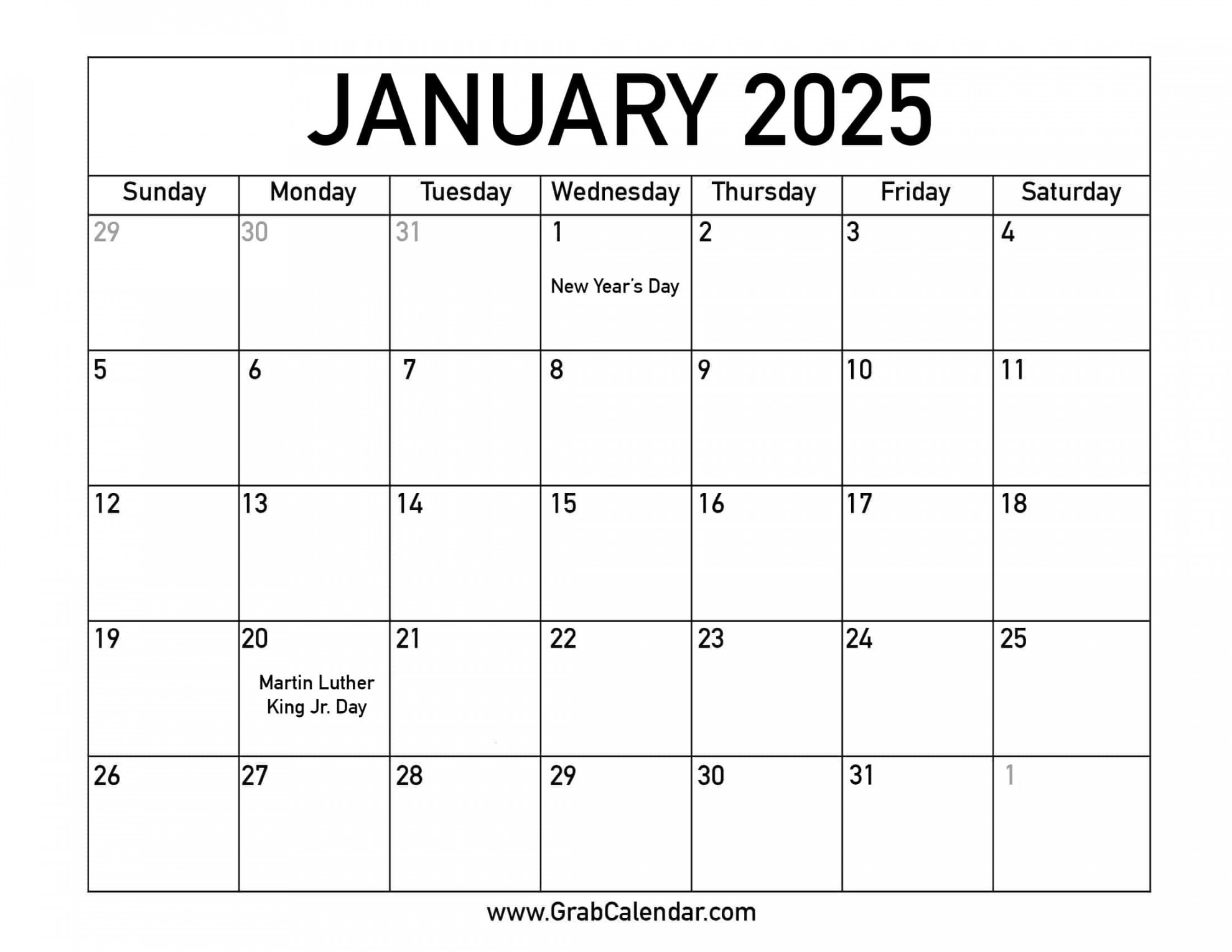 Printable january calendar