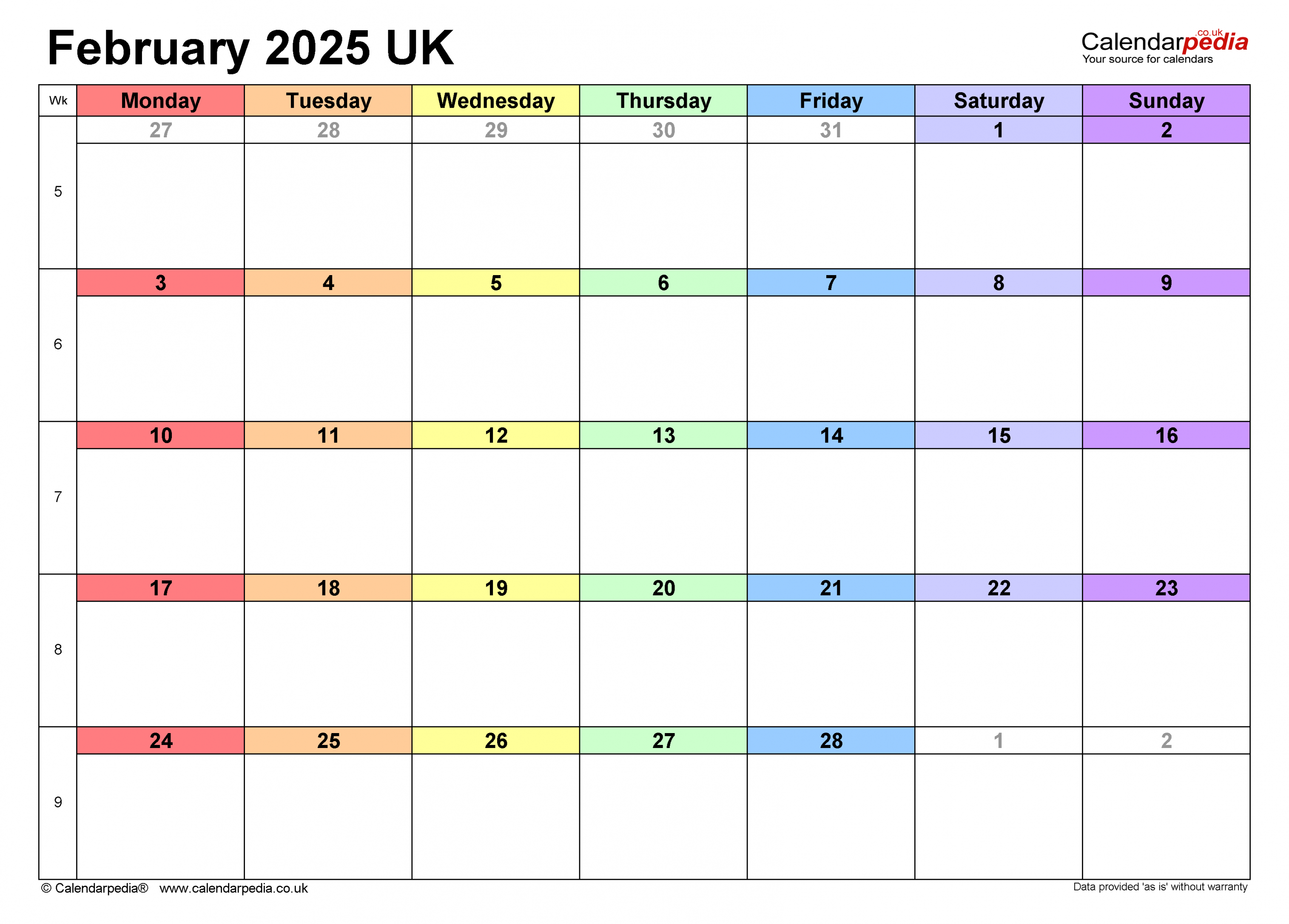 Calendar february uk with excel, word and pdf templates