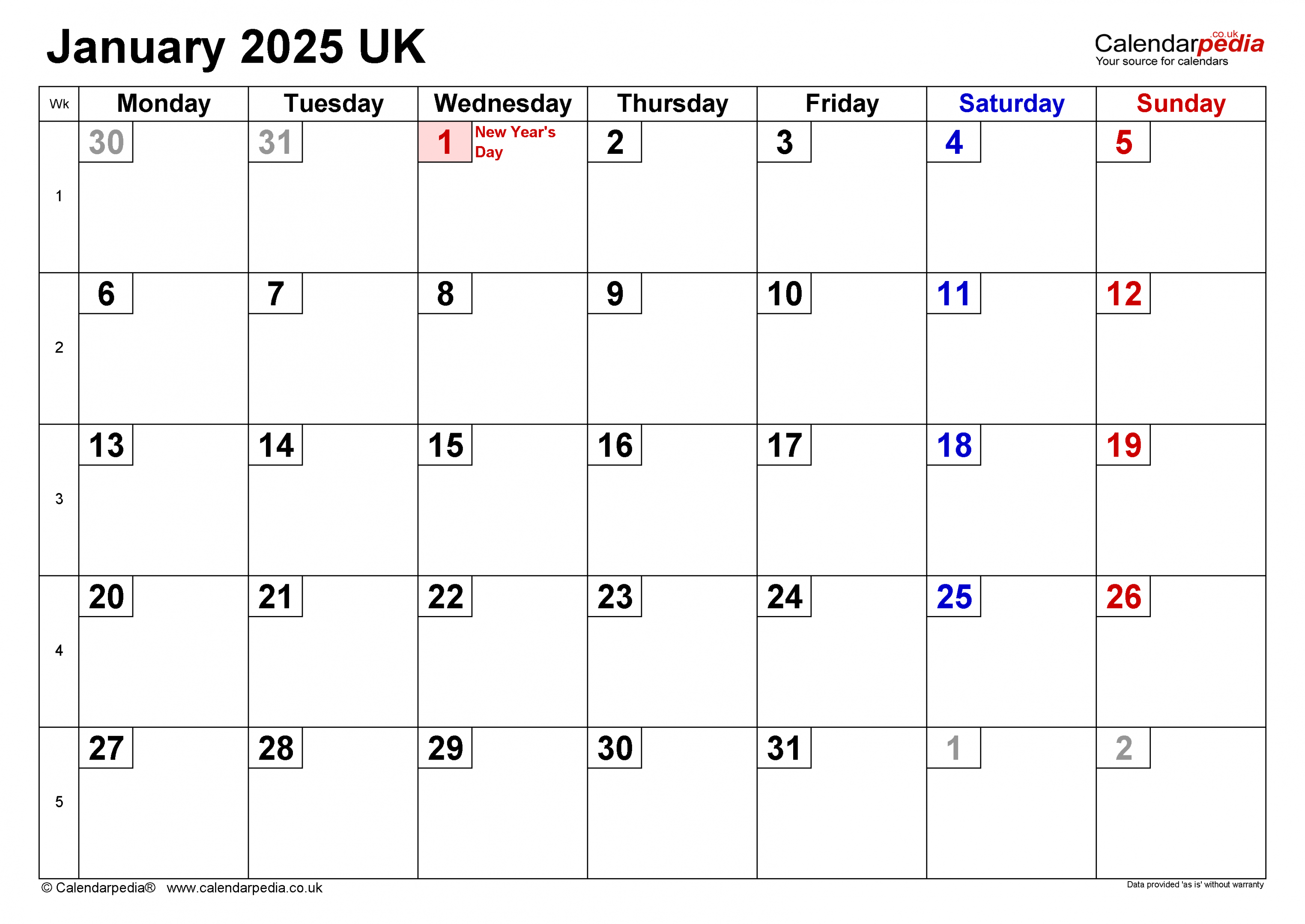 Calendar january uk with excel, word and pdf templates