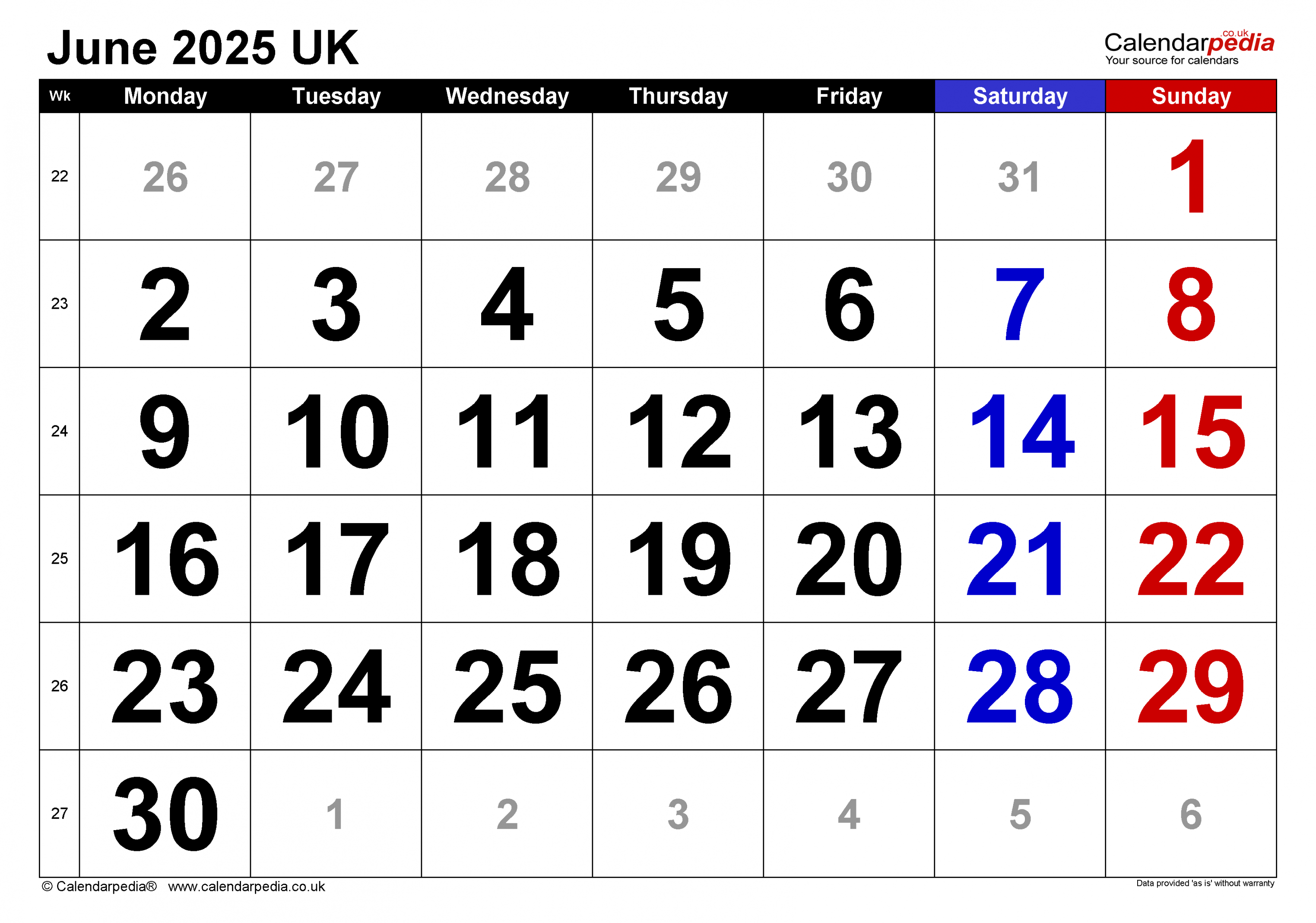 Calendar June  UK with Excel, Word and PDF templates