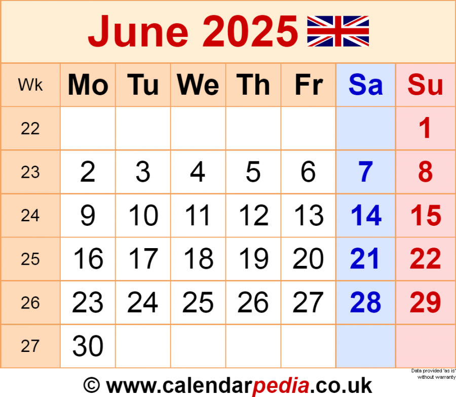 Calendar june uk with excel, word and pdf templates