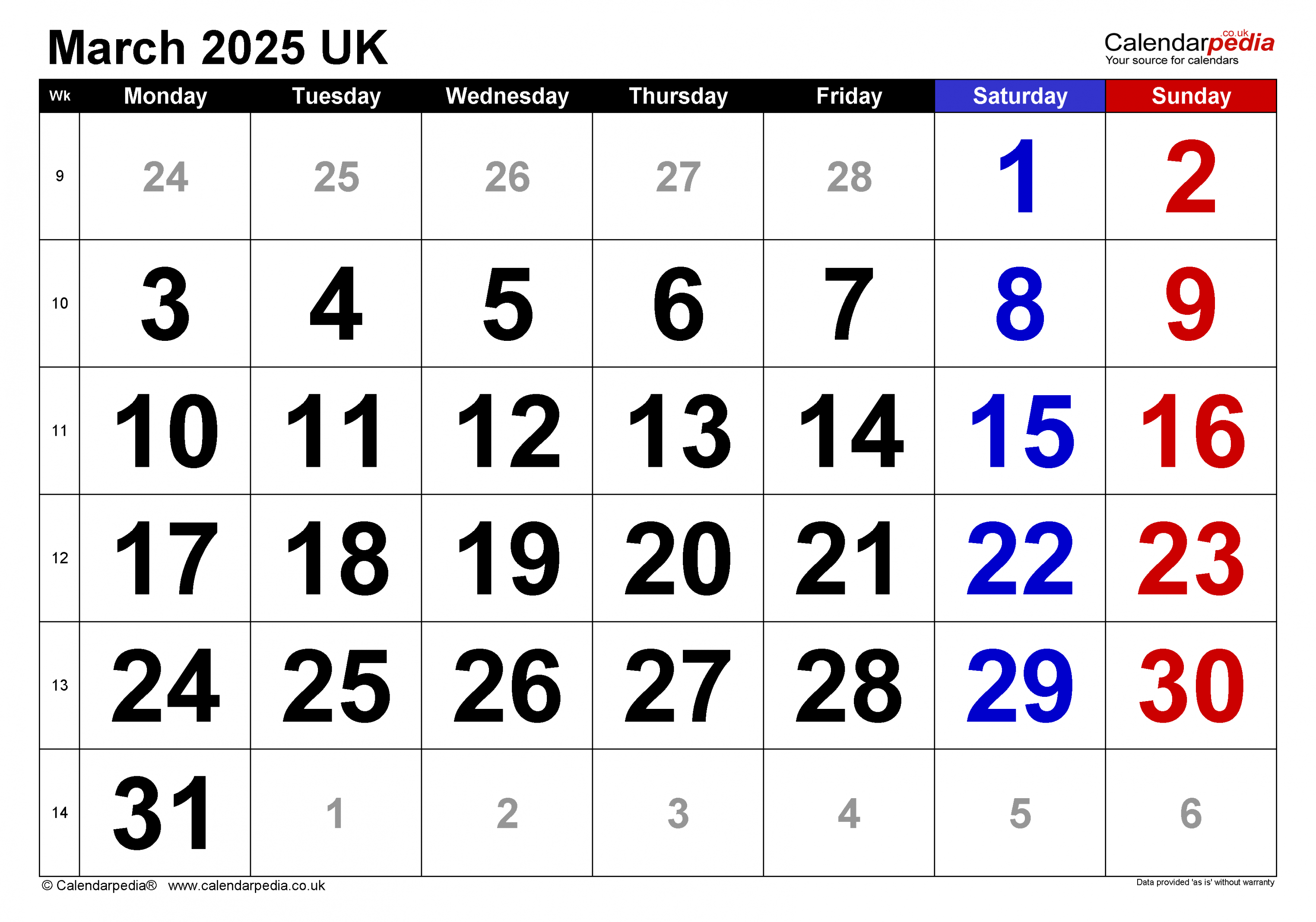 Calendar march uk with excel, word and pdf templates