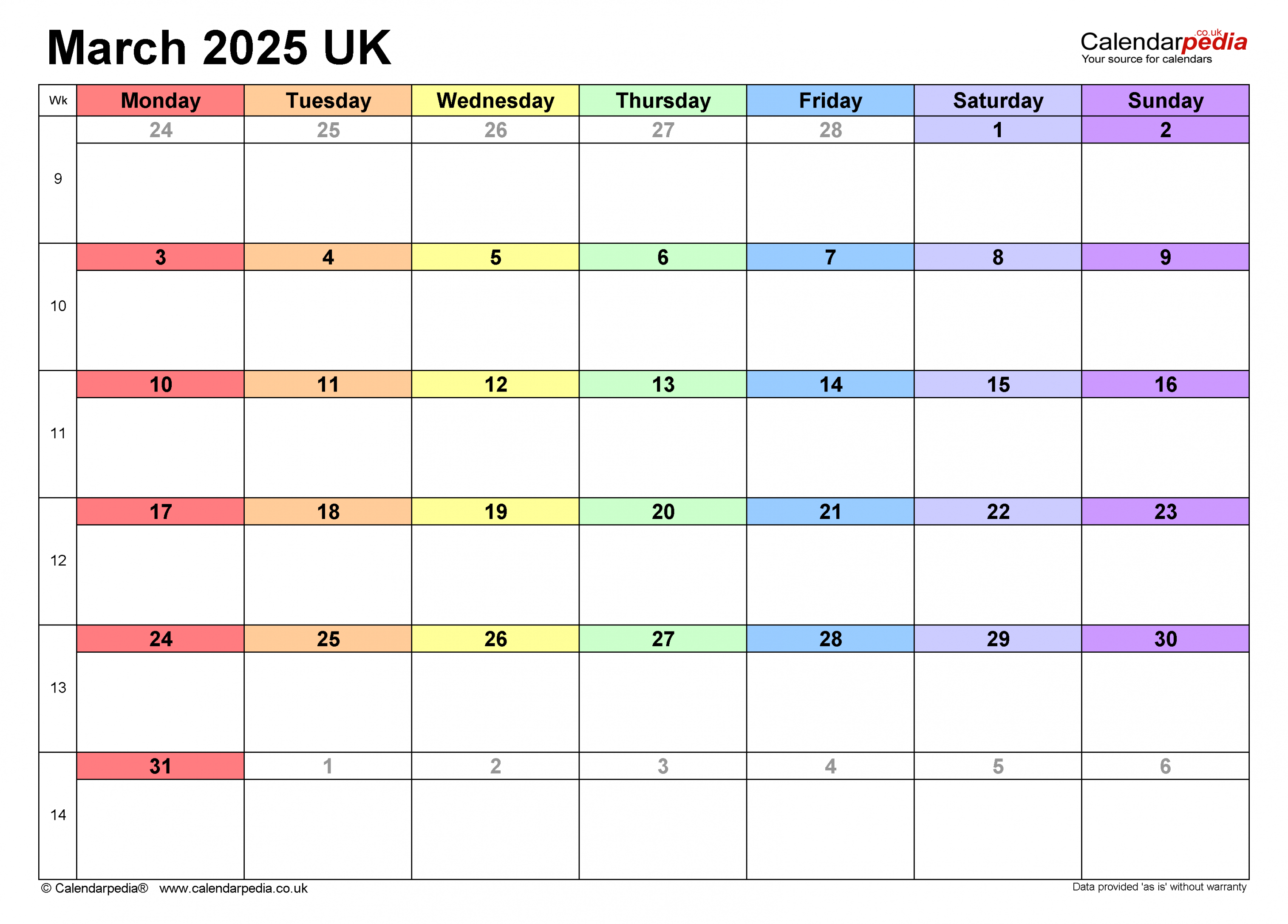 Calendar March  UK with Excel, Word and PDF templates