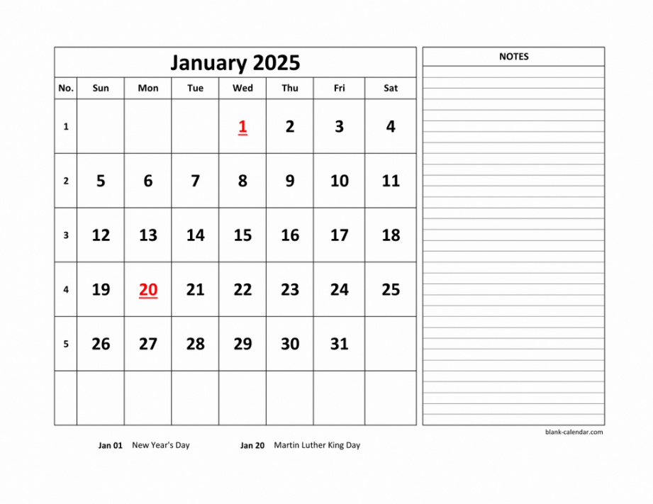 Free download printable january calendar, large space for