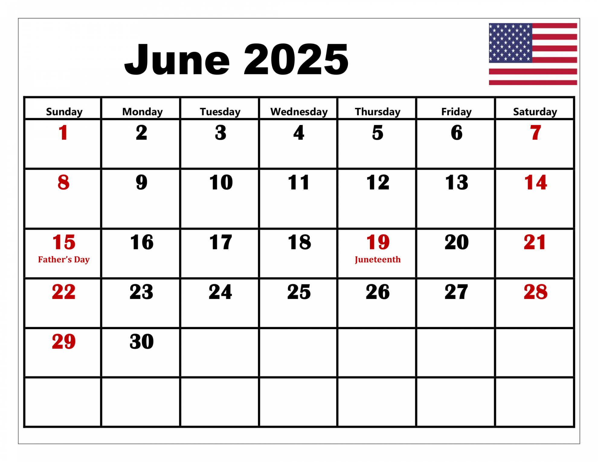 Free june calendar printable pdf template with holidays