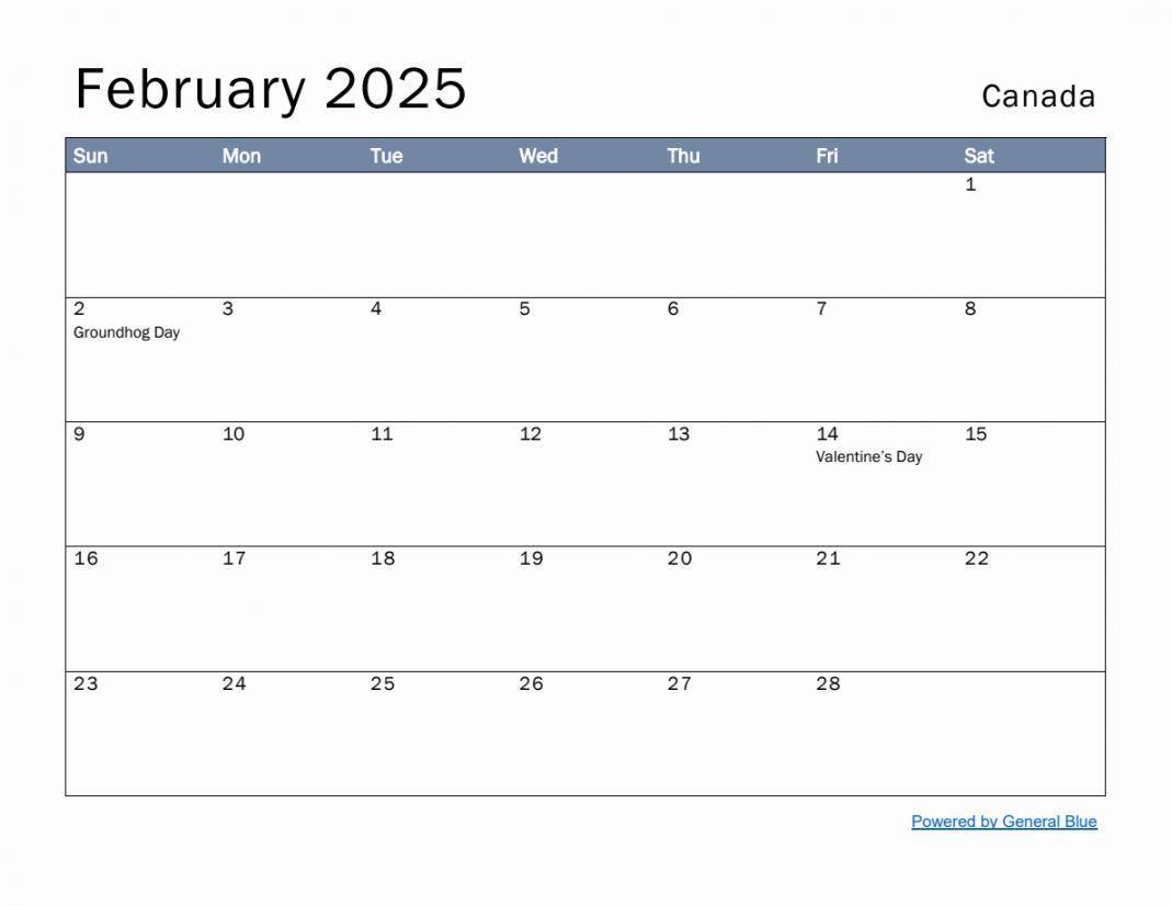 Free Monthly Calendar Template for February  with Canada