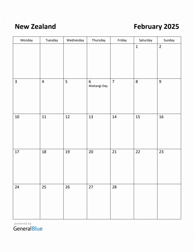 Free printable february calendar for new zealand