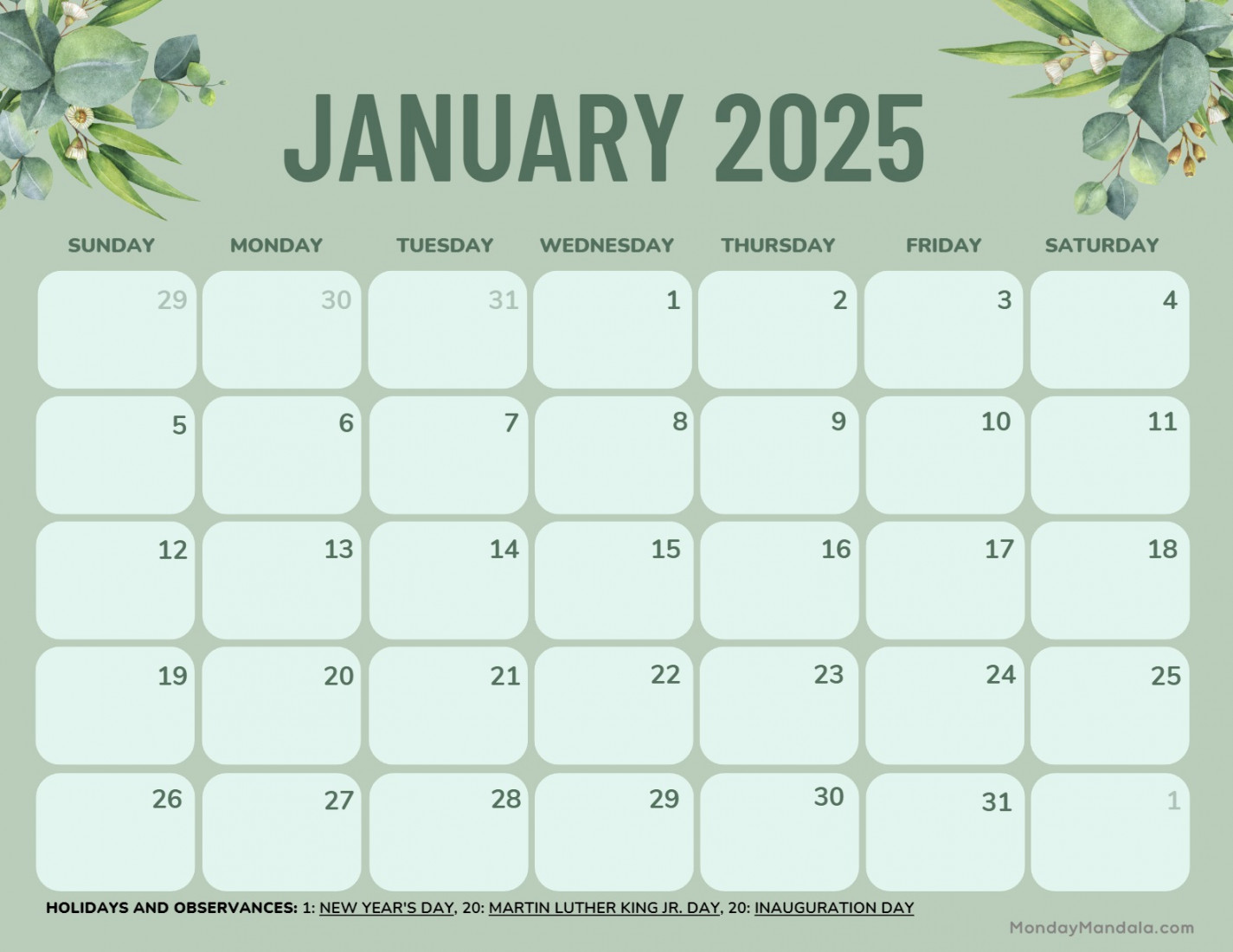 January  Calendar ( Free PDF Printables)