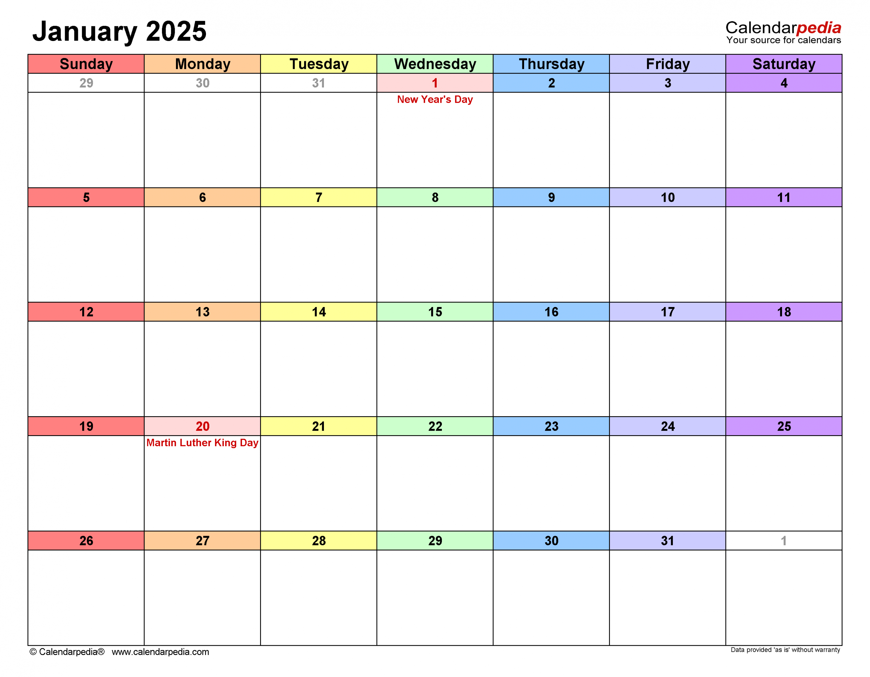 January  Calendar  Templates for Word, Excel and PDF