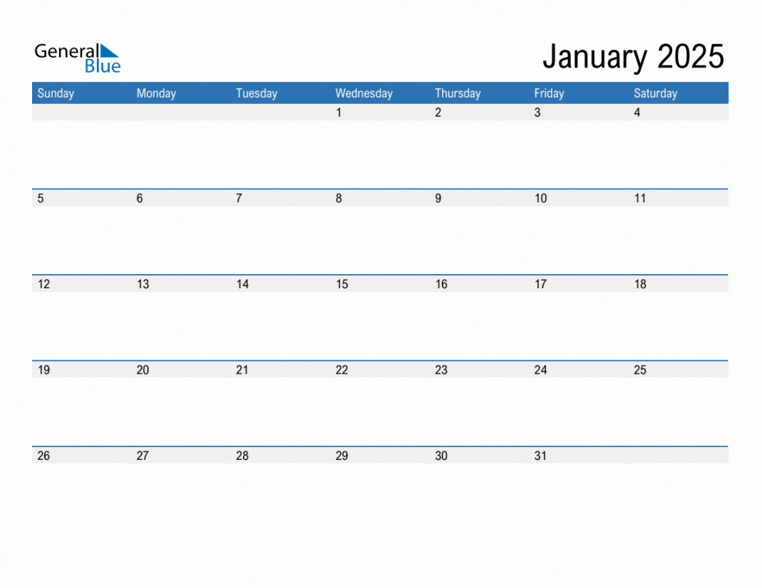 January monthly calendar (pdf, word, excel)