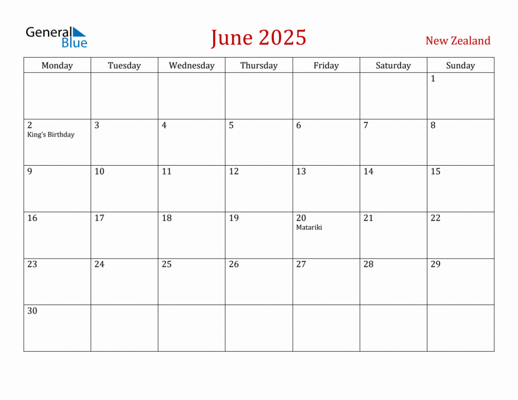 June  New Zealand Monthly Calendar with Holidays