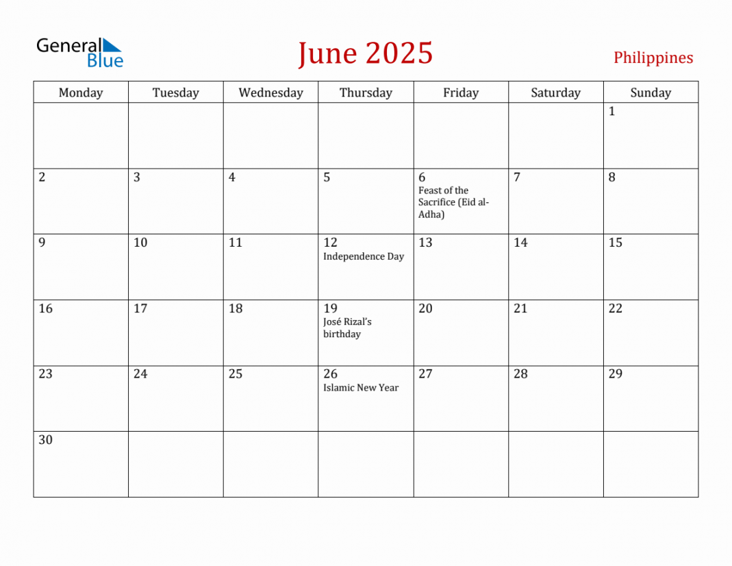 June philippines monthly calendar with holidays