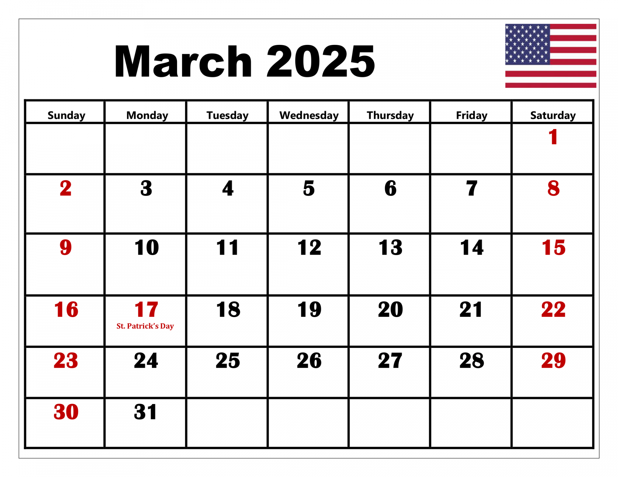 March  Calendar Printable PDF Template with Holidays