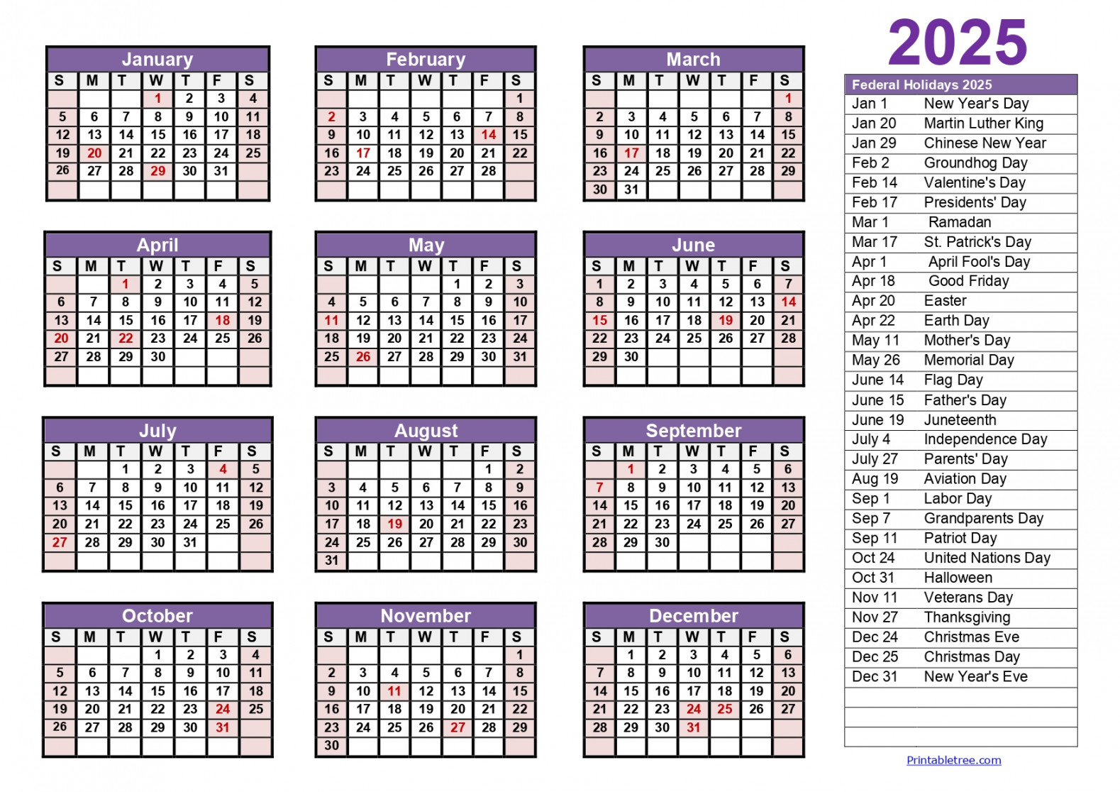 Printable calendar one page with holidays (single page)