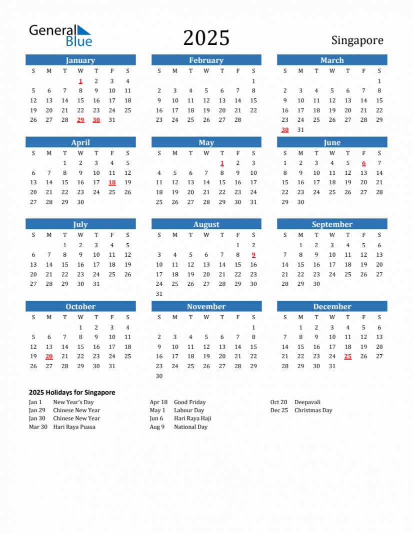 Singapore calendar with holidays