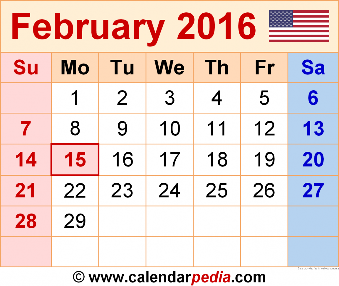 February  Calendar  Templates for Word, Excel and PDF