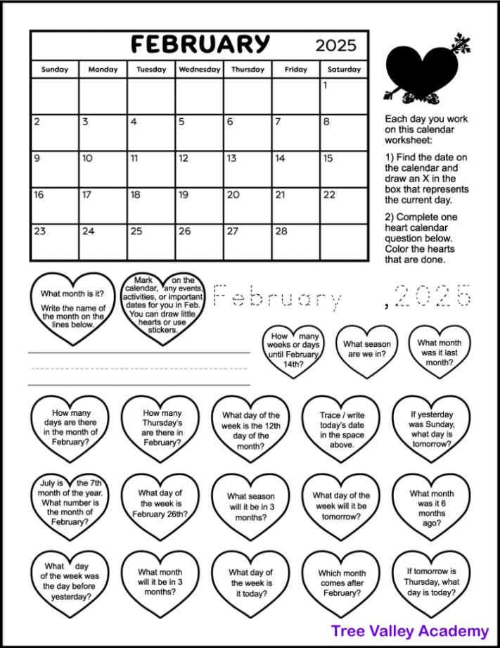 February printable calendar worksheet for grade &