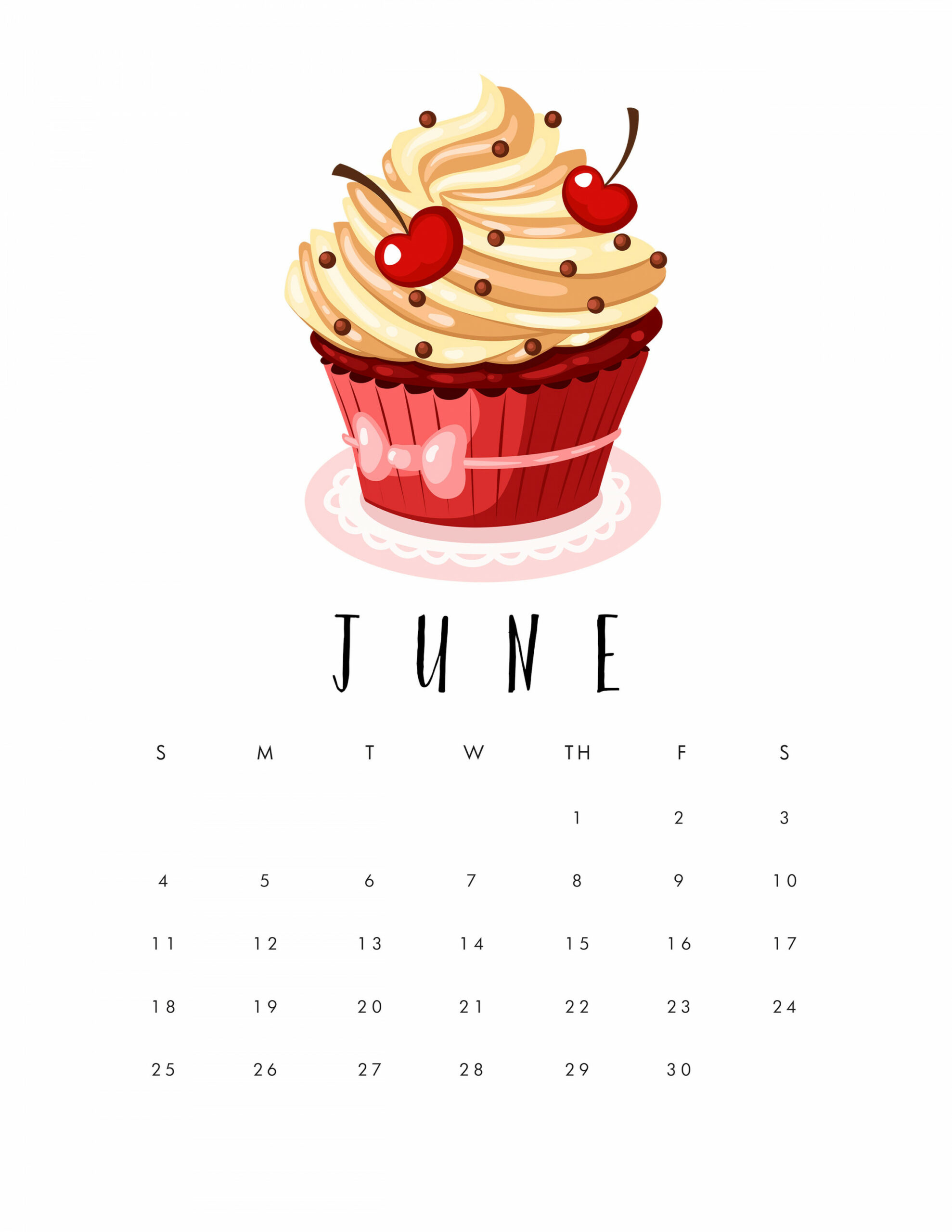 Free Printable  Cupcake Calendar - The Cottage Market