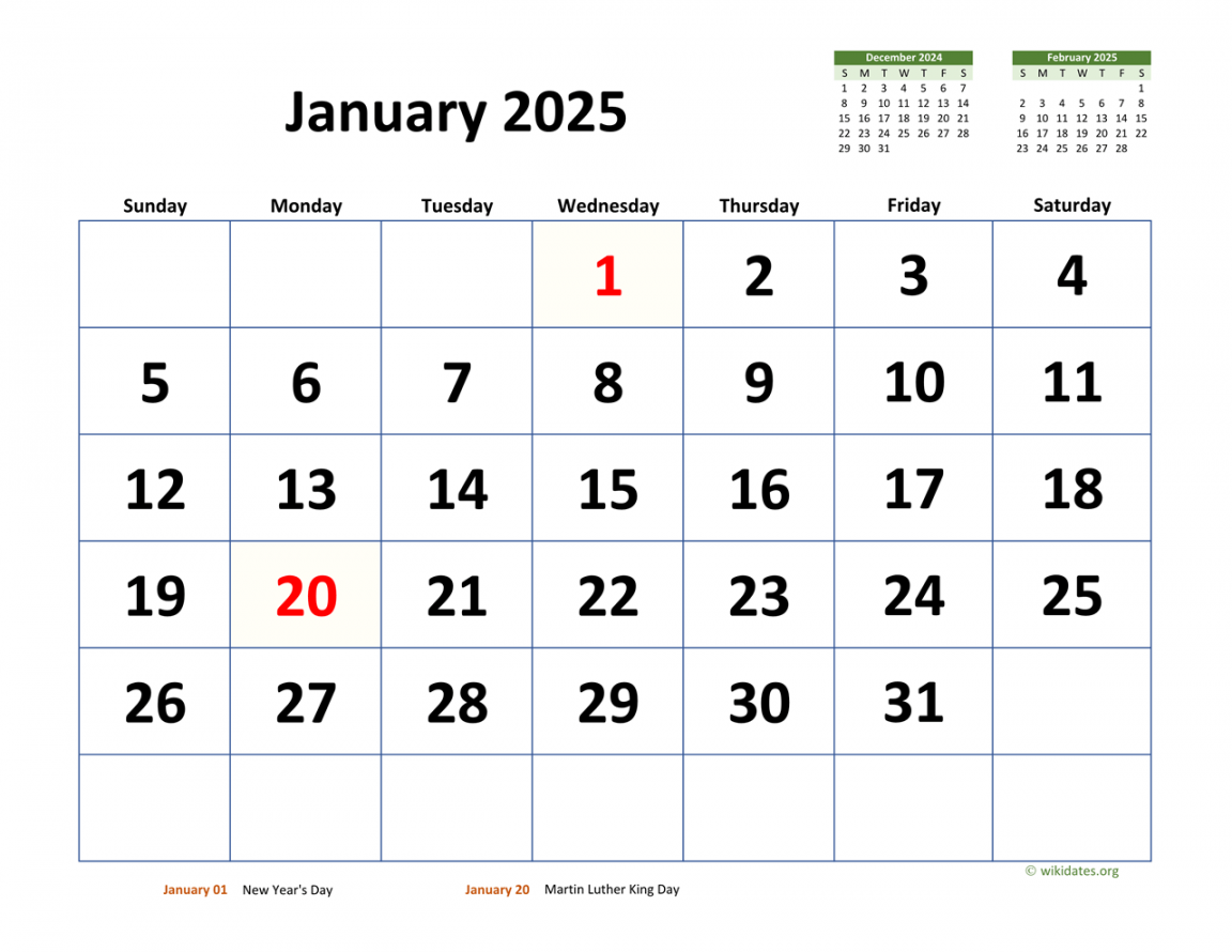 January calendar with extra large dates wikidates