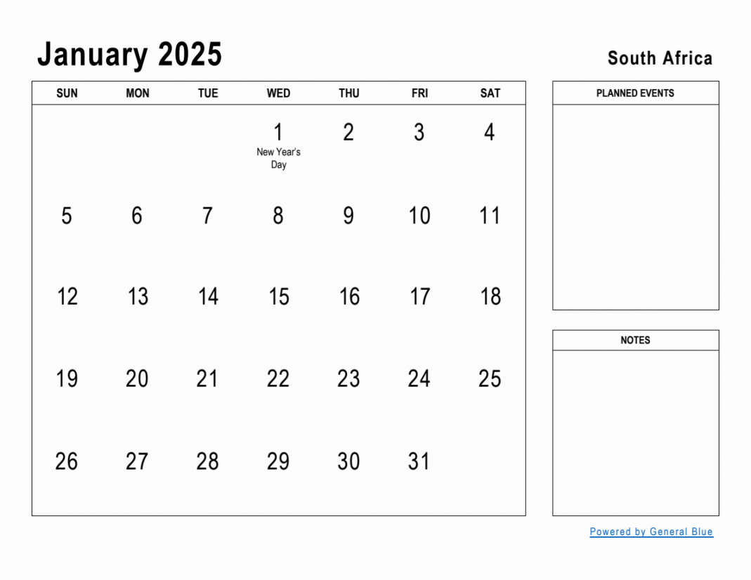 January planner with south africa holidays