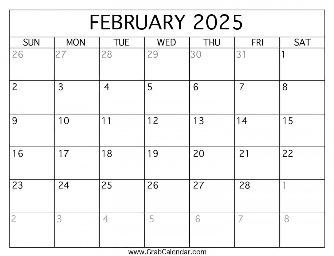 Printable february calendar