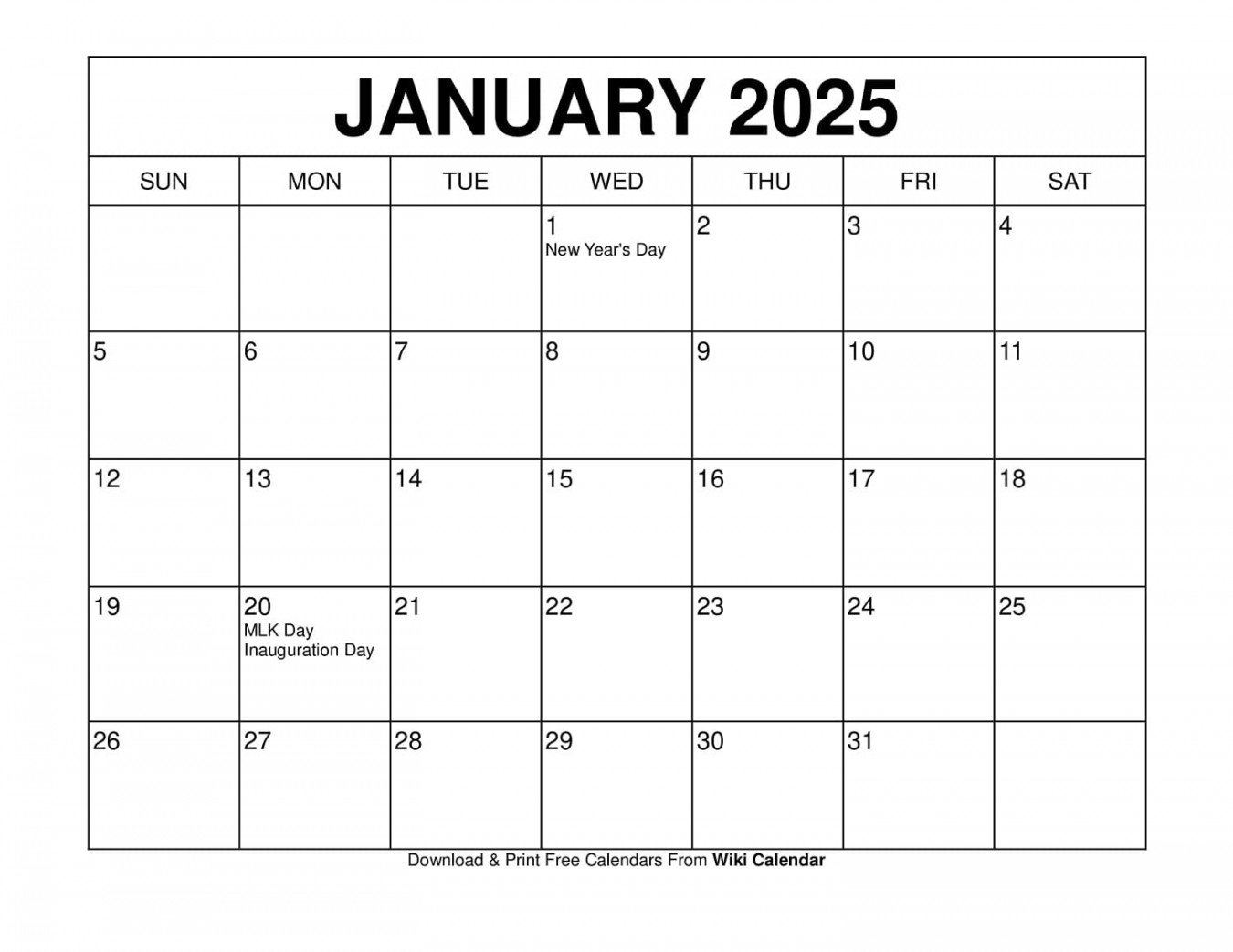 Printable january calendar templates with holidays