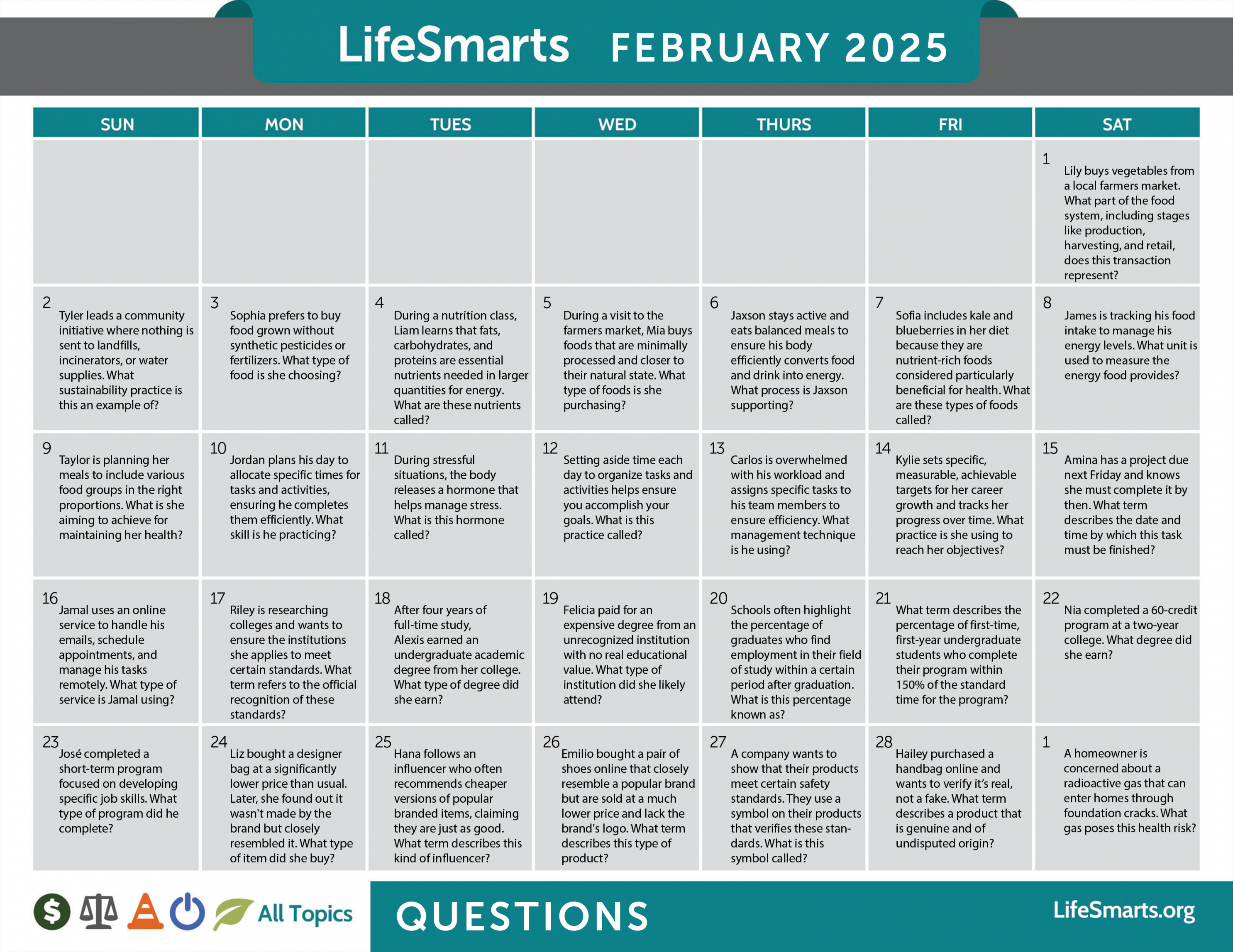 Question of the day lifesmarts calendars lifesmarts