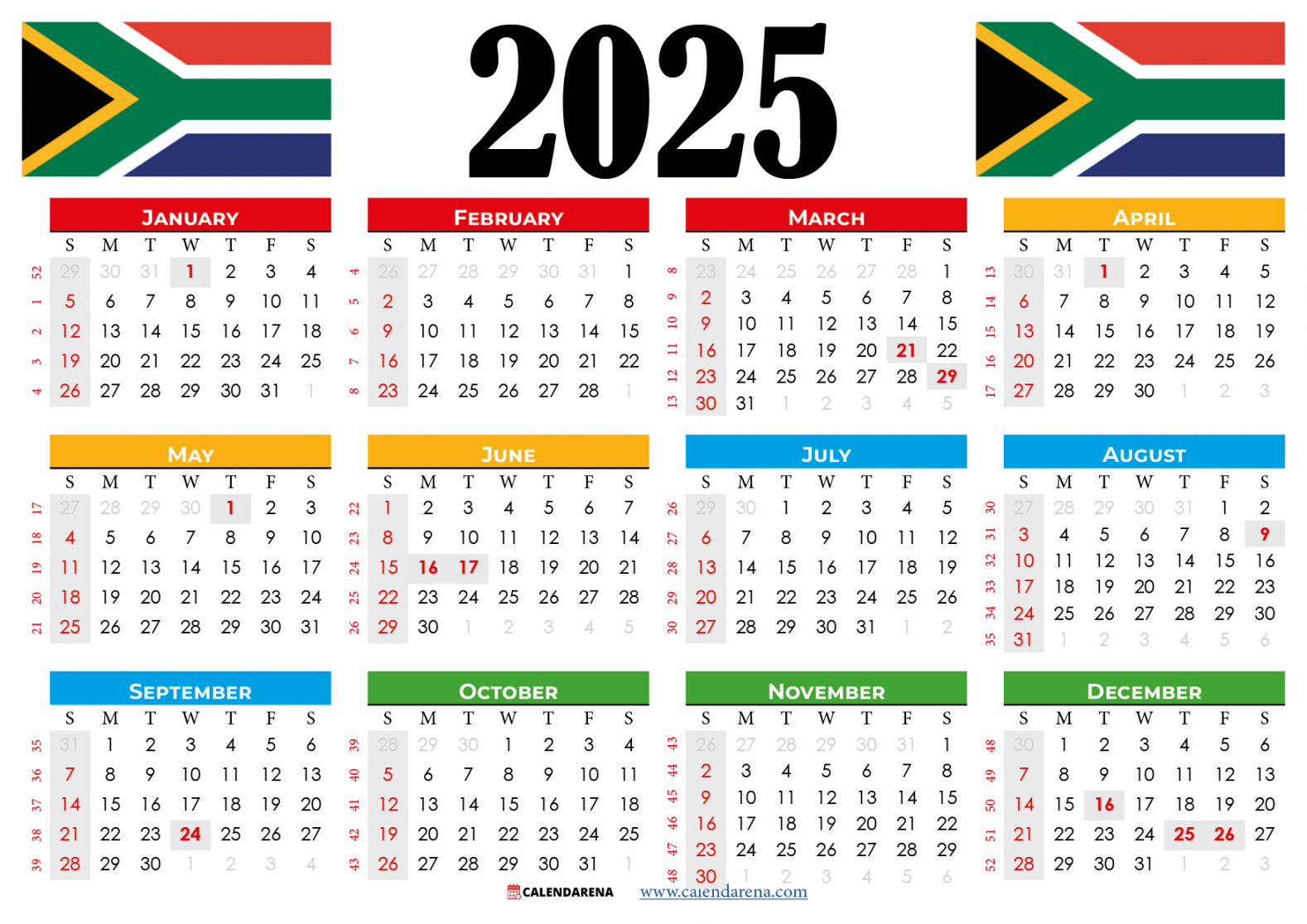 Calendar south africa with holidays printable